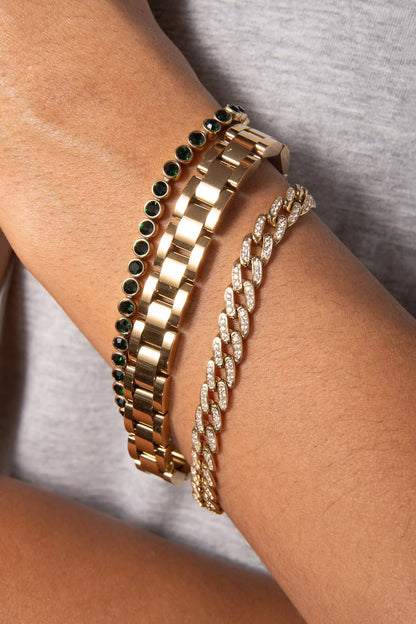 Crystal pave curb chain bracelet with emerald stones; three bracelets on wrist on Tampa Home & Garden Store
