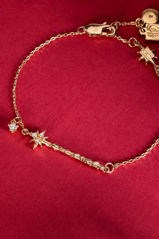 Harry Potter Hermione Wand Bracelet by Alex and Ani, gold-tone chain with wand and crystal stars on Tampa Home & Garden Store