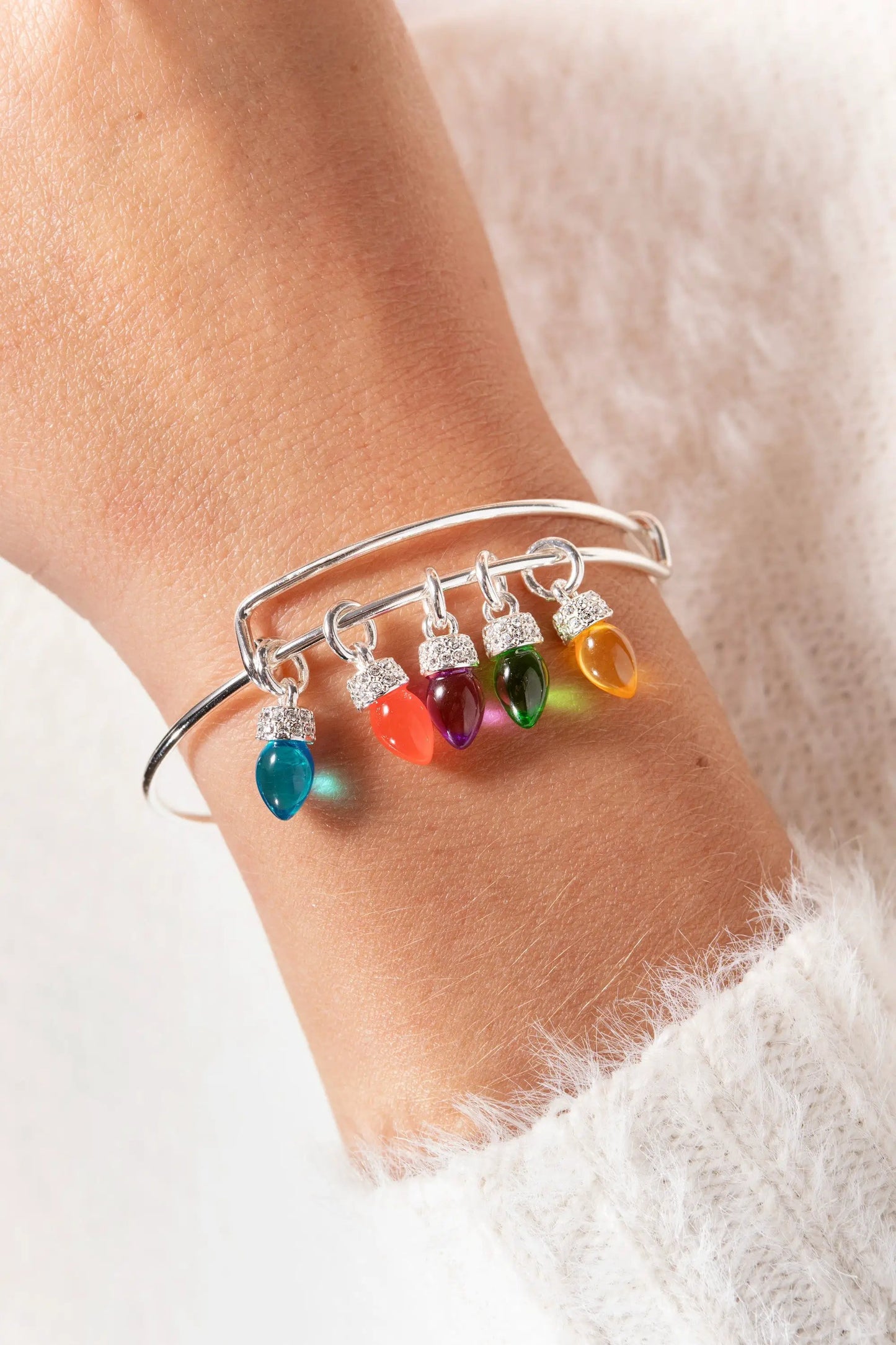 Christmas Light Bulb Charm Bangle by ALEX AND ANI with colorful bulb charms on Tampa Home & Garden Store