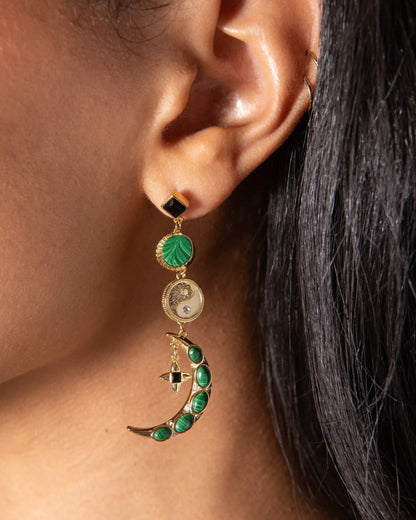 Malachite Charm Earrings by Alex and Ani with gold-tone settings and green malachite cabochons on Tampa Home & Garden Store