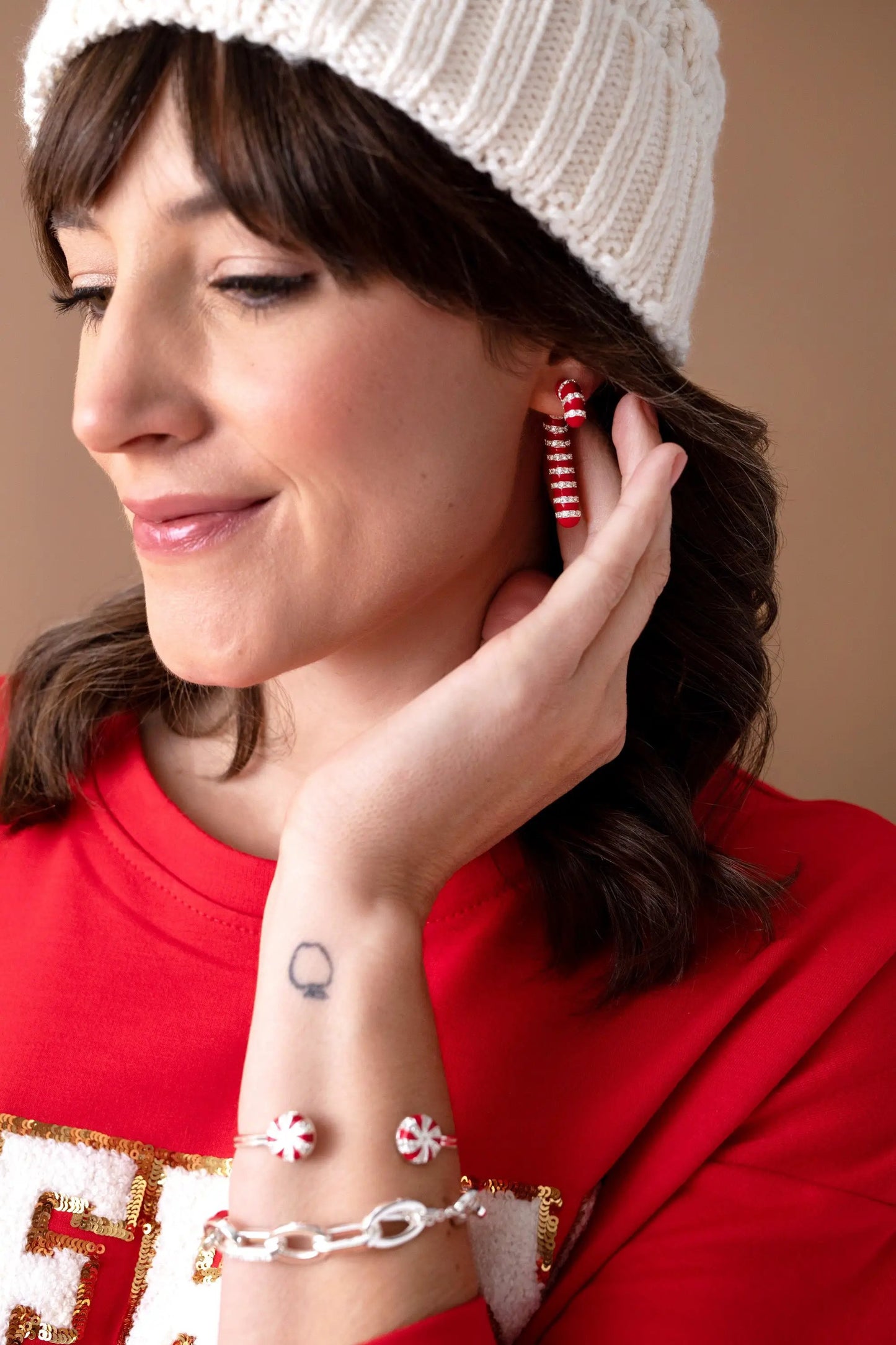 Candy Cane Front and Back Earrings With Crystals