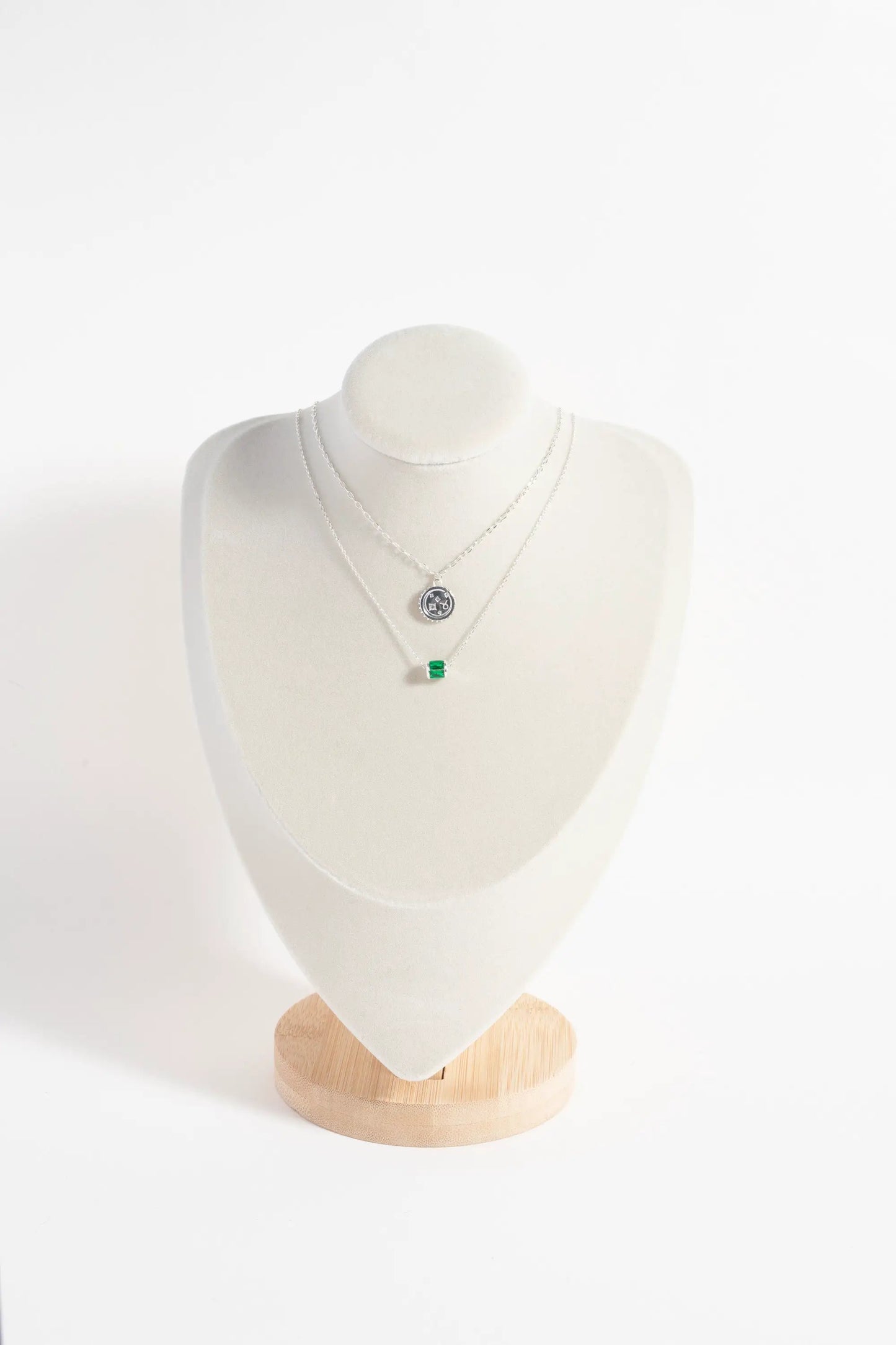 Alex and Ani Taurus Necklace; two silver chains with Taurus pendant and emerald square charm on Tampa Home & Garden Store