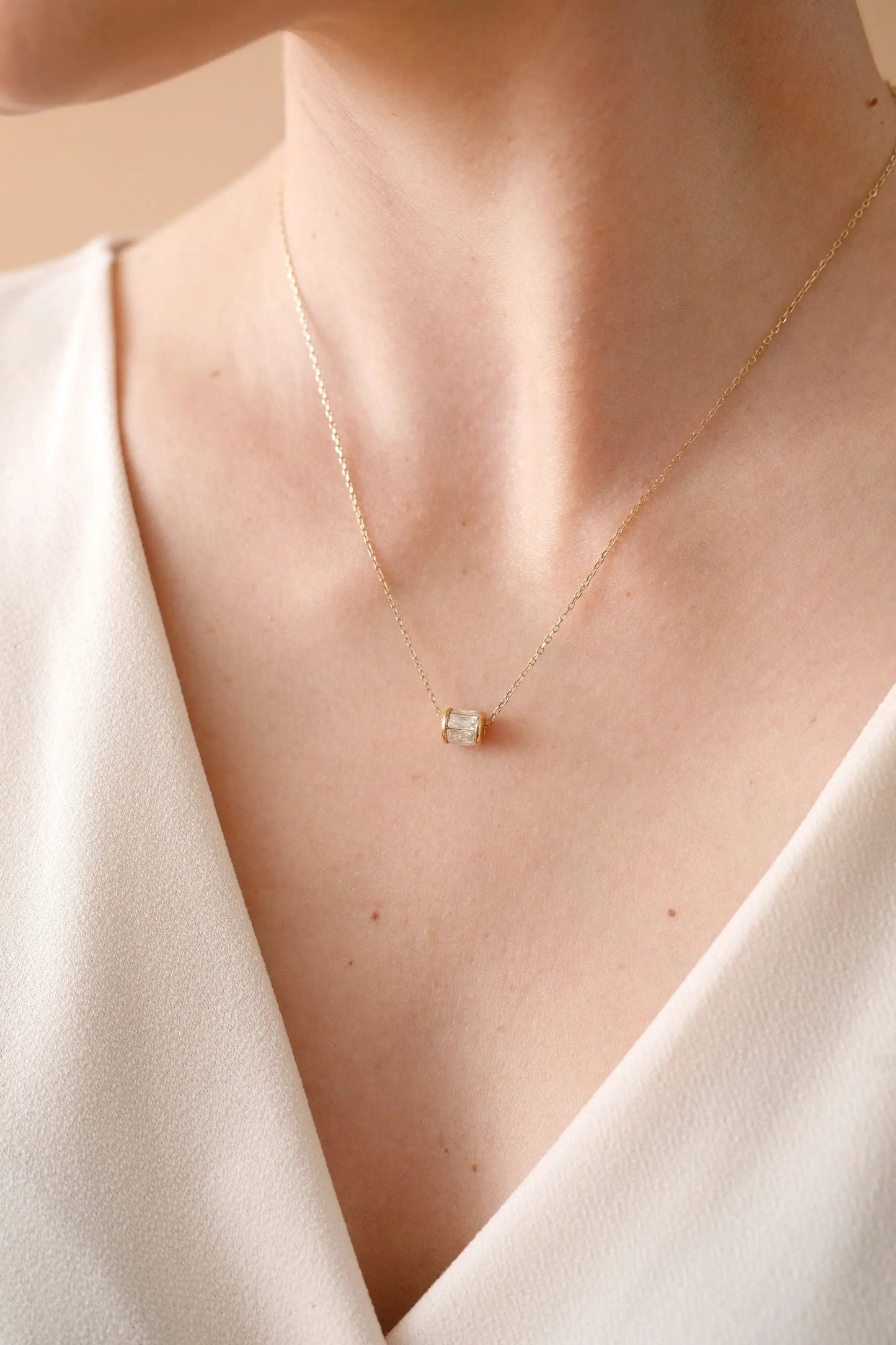 April Birthstone Pendant Necklace, gold-tone chain with rectangular clear stone pendant on Tampa Home & Garden Store