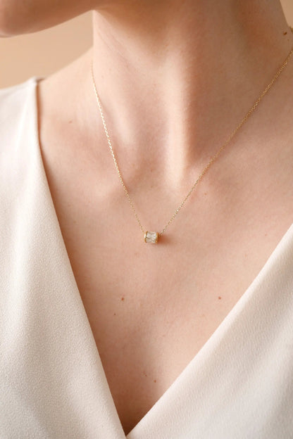 April Birthstone Pendant Necklace, gold-tone chain with rectangular clear stone pendant on Tampa Home & Garden Store