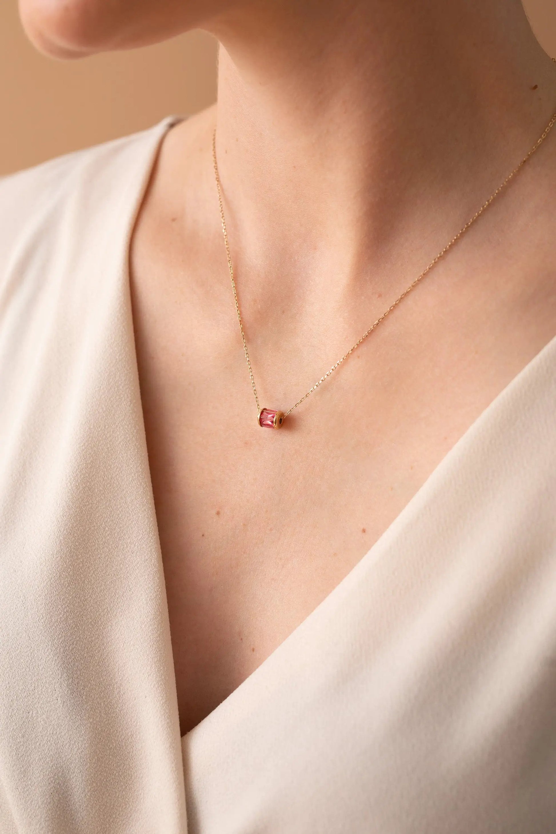 October Birthstone Precious Pendant Necklace with pink gemstone on delicate gold chain on Tampa Home & Garden Store