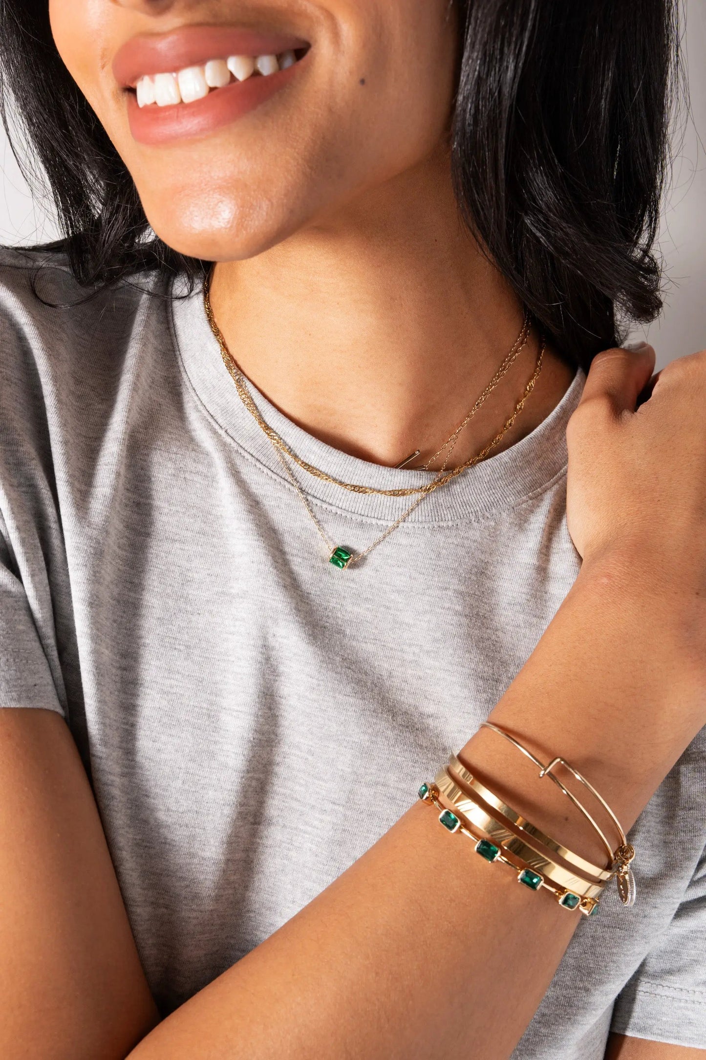May Birthstone Emerald Cut Bangle by ALEX AND ANI; emerald stone on gold bracelet stack on Tampa Home & Garden Store