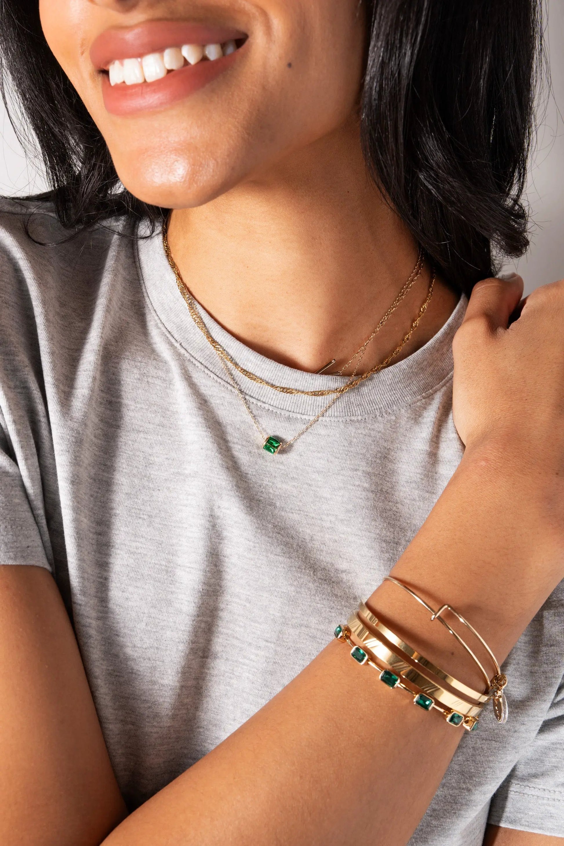 May Birthstone Emerald Cut Bangle by ALEX AND ANI; emerald stone on gold bracelet stack on Tampa Home & Garden Store