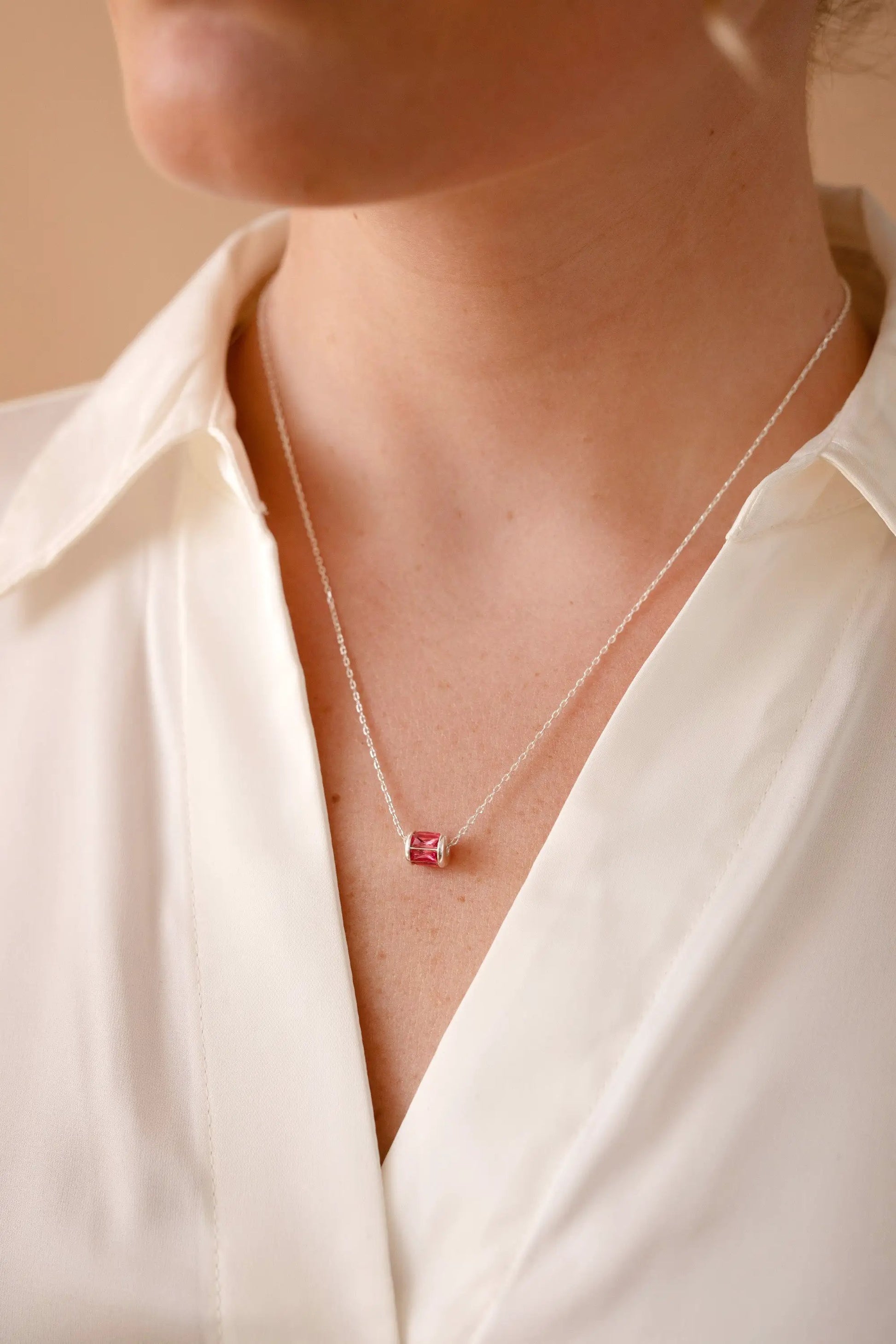 October Birthstone Pendant Necklace by ALEX AND ANI with pink birthstone on a silver chain on Tampa Home & Garden Store