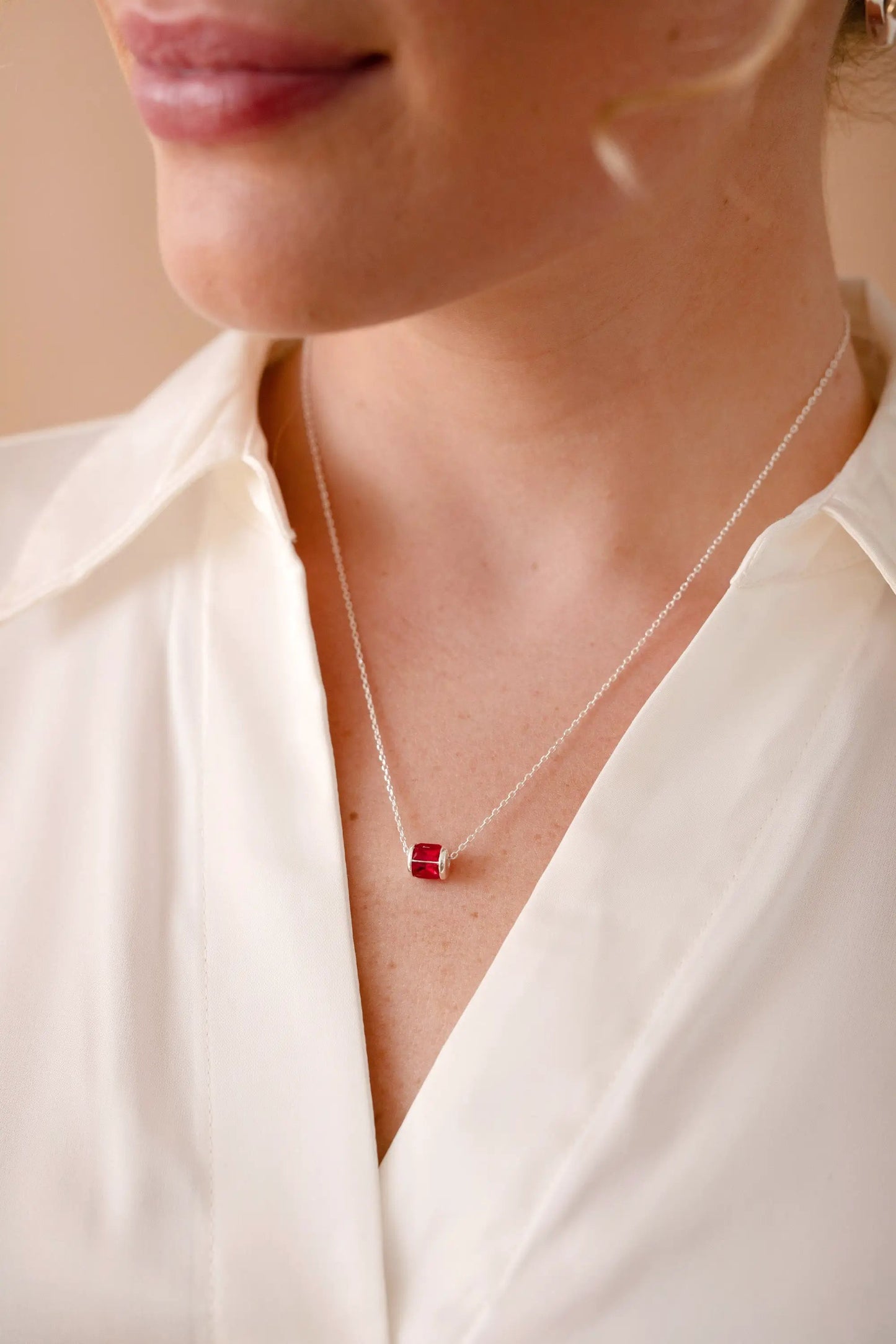 July Birthstone Pendant Necklace with a red ruby-style gemstone on a silver chain on Tampa Home & Garden Store