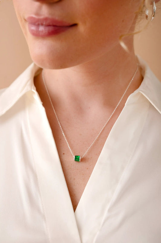 May Birthstone Precious Pendant Necklace with emerald-cut green gemstone on silver chain on Tampa Home & Garden Store