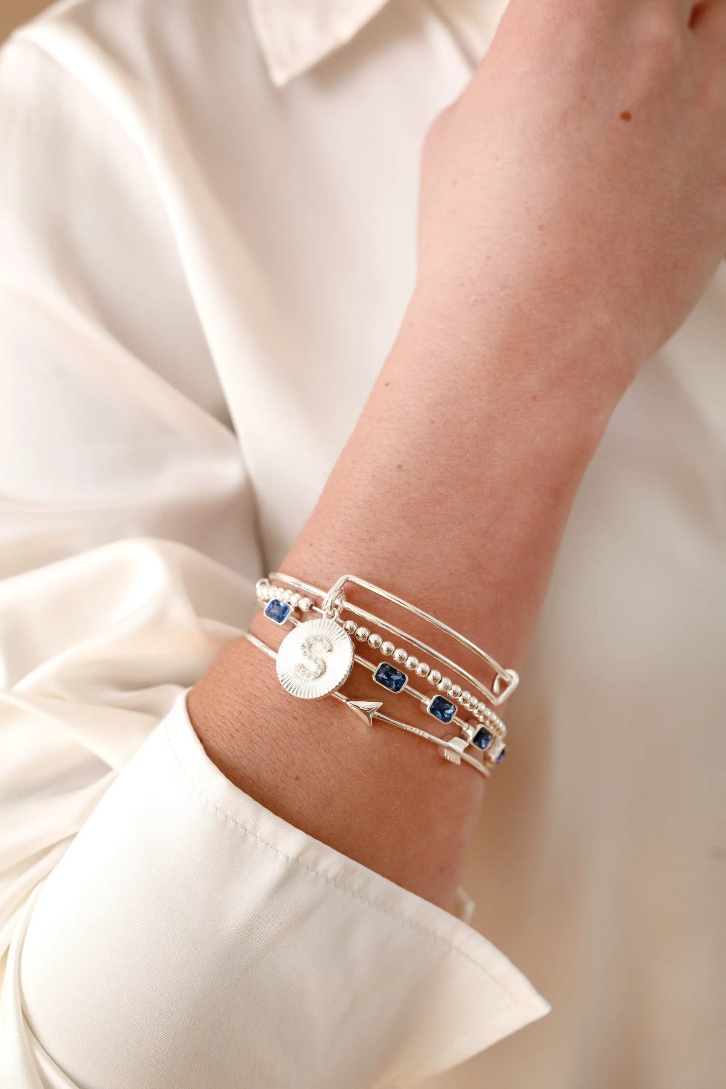Initial S Pave Starburst Texture Bangle Bracelet