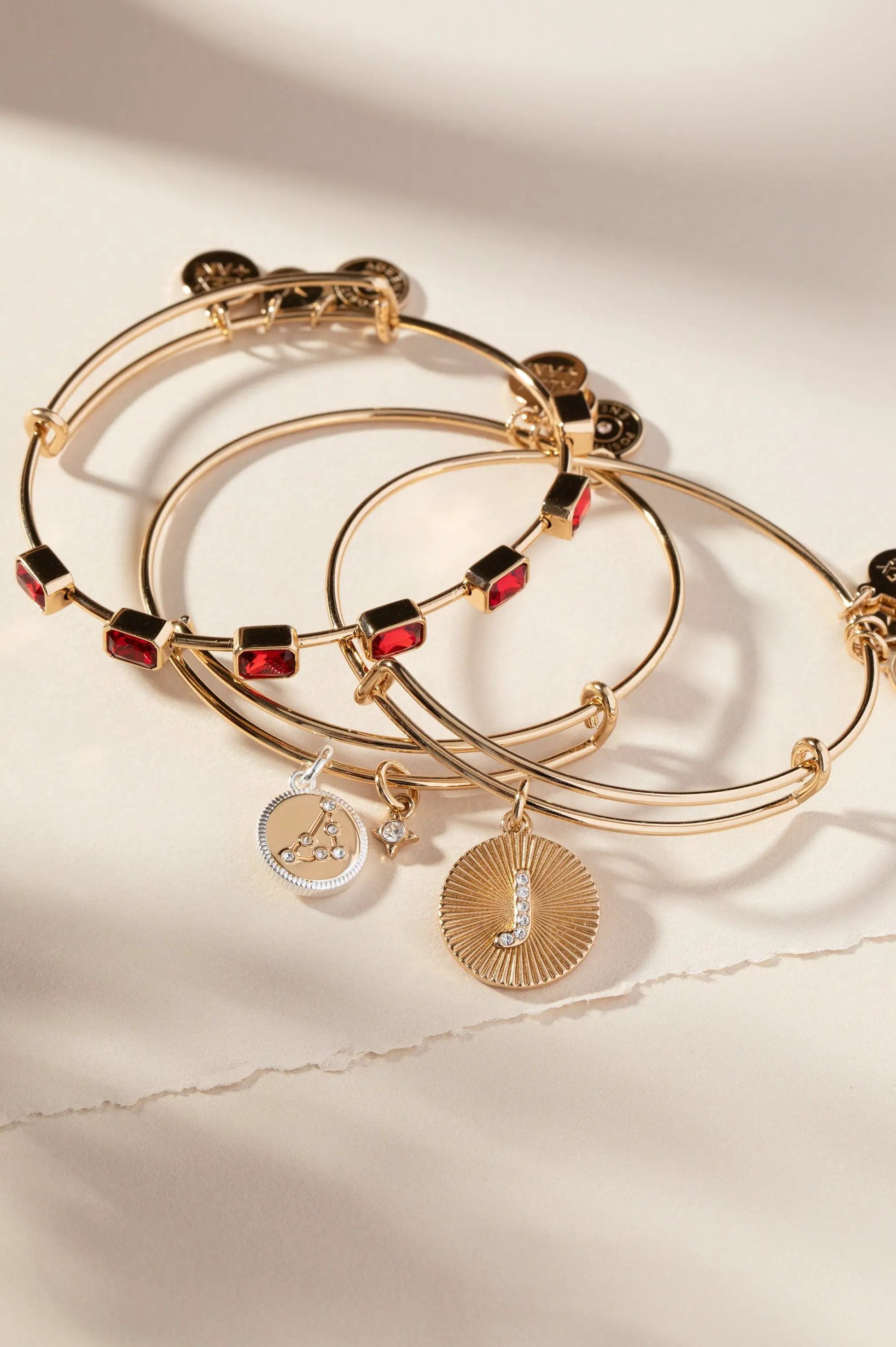 Capricorn Zodiac Charm Bangle by Alex and Ani, set of gold-tone bangles with red square crystals on Tampa Home & Garden Store