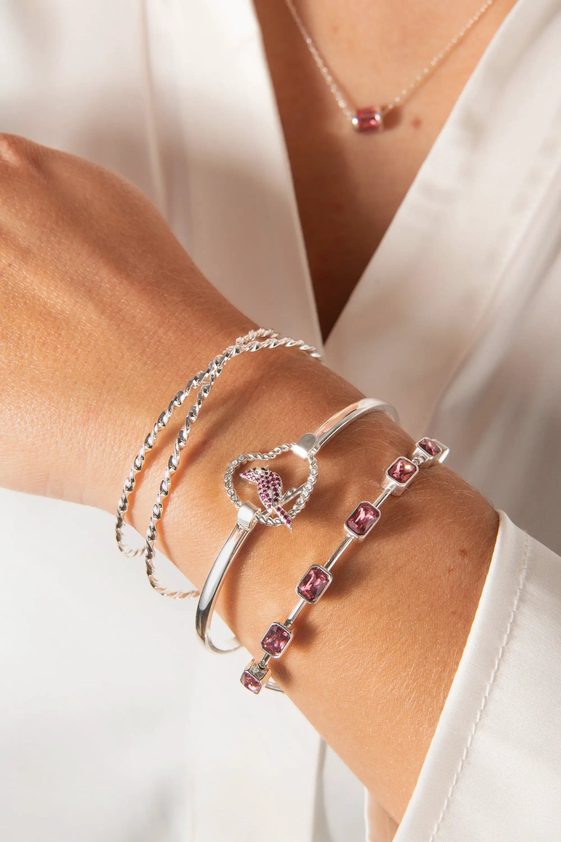 Bracelet June Birthstone Emerald Cut Bangle with pink stones on silver by ALEX AND ANI on Tampa Home & Garden Store