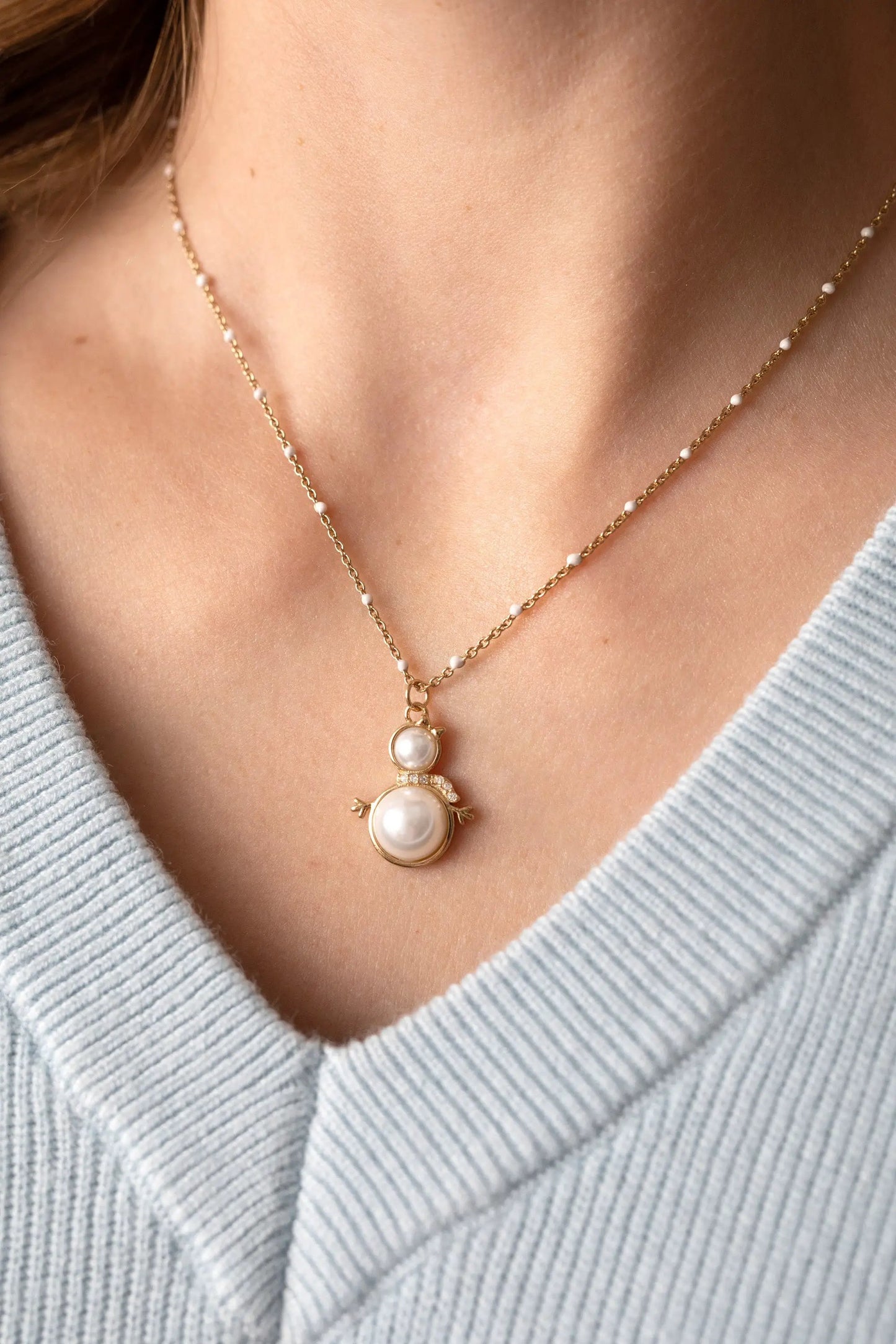Snowwoman Necklace by ALEX AND ANI, gold-tone chain with pearl beads and snowwoman pendant on Tampa Home & Garden Store