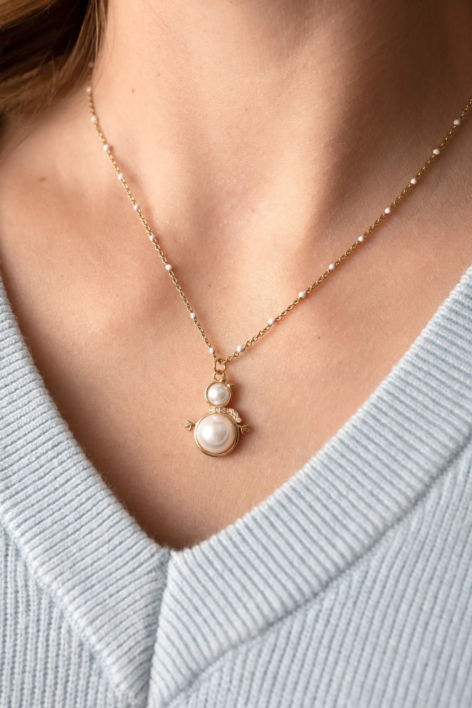 Snowwoman Necklace by ALEX AND ANI, gold-tone chain with pearl beads and snowwoman pendant on Tampa Home & Garden Store