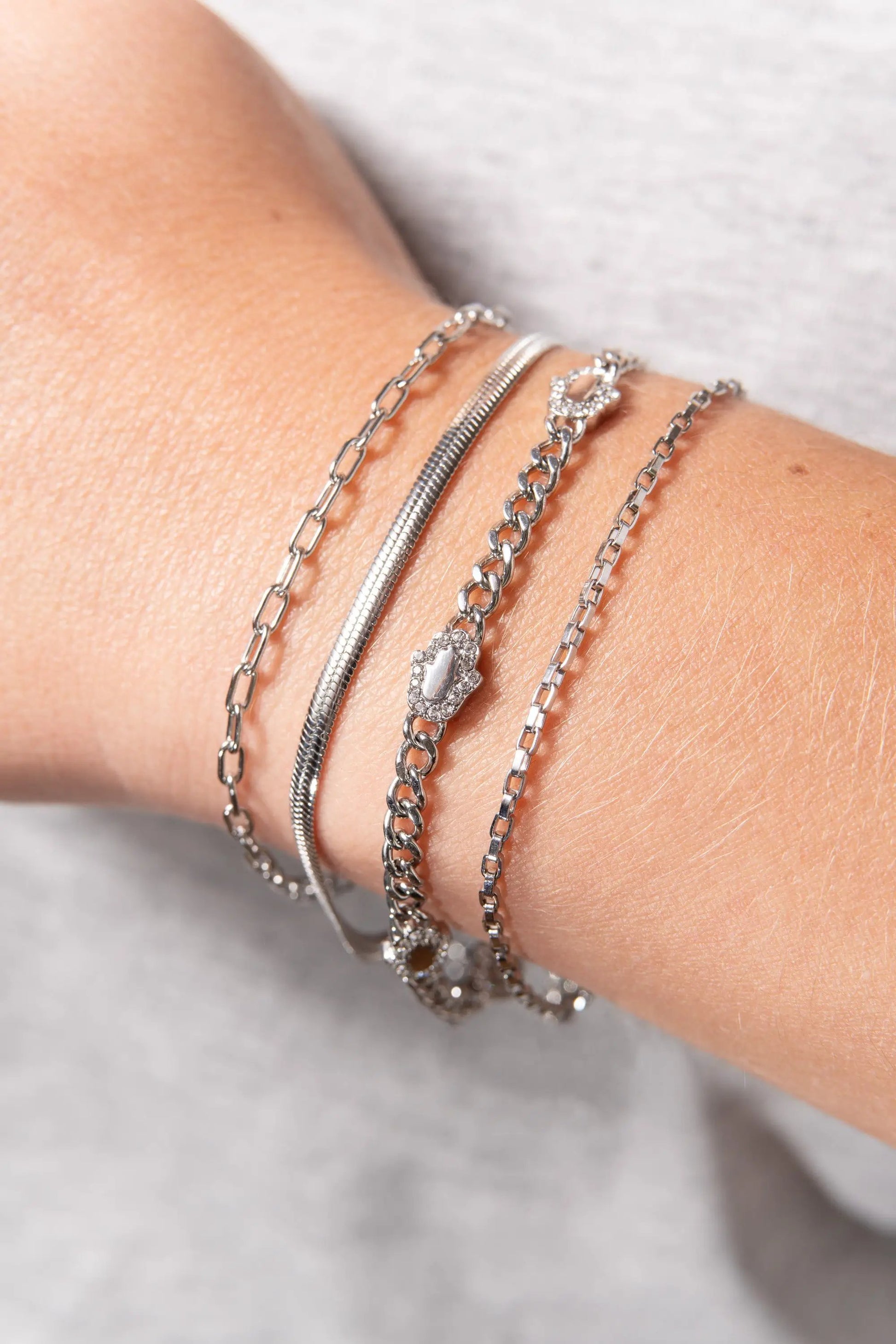 Hamsa Curb Chain Bracelet by ALEX AND ANI, silver-tone curb chain among 5 stacked bracelets on Tampa Home & Garden Store