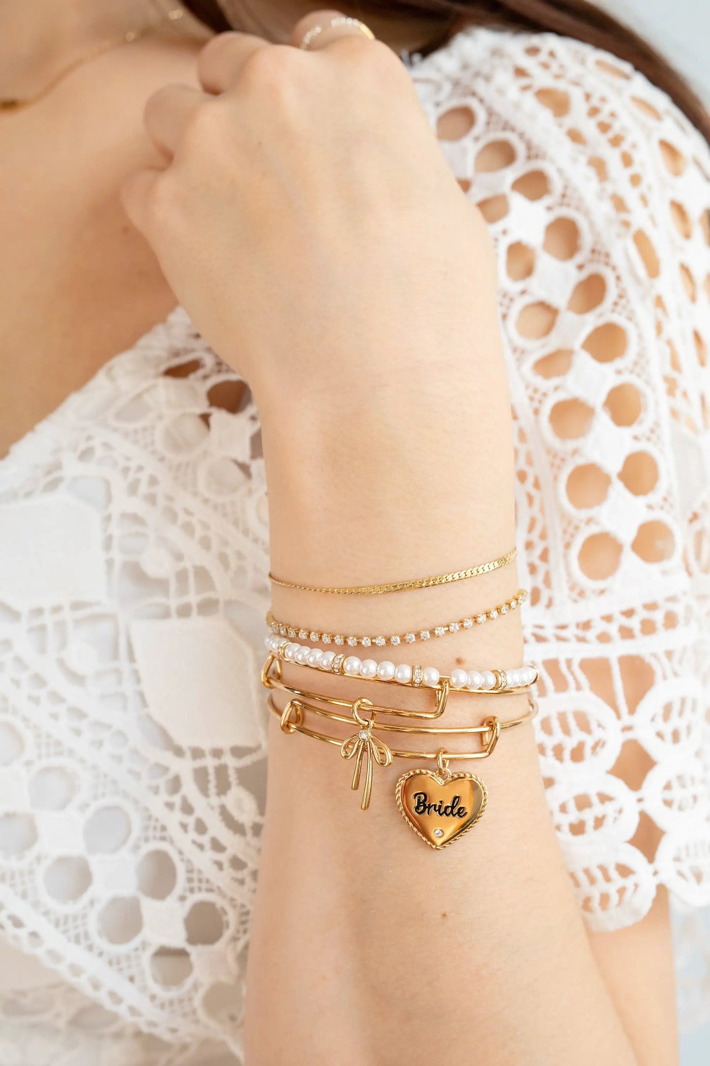 Bow Charm Bracelet on Expandable Wire Bangle