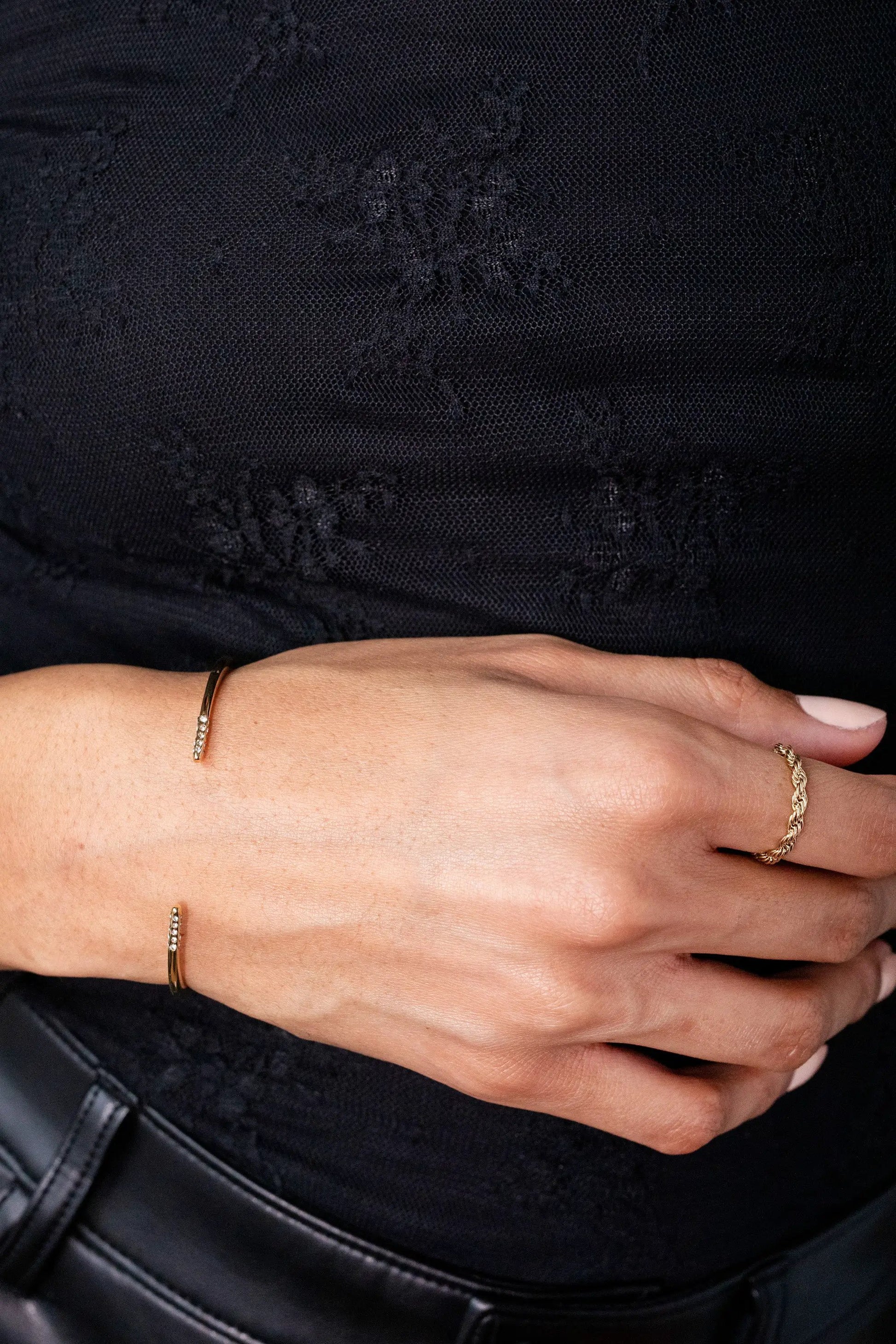 Frozen French Rope Ring by ALEX AND ANI, two gold-tone rope rings with pavé crystals worn on the hand on Tampa Home & Garden Store