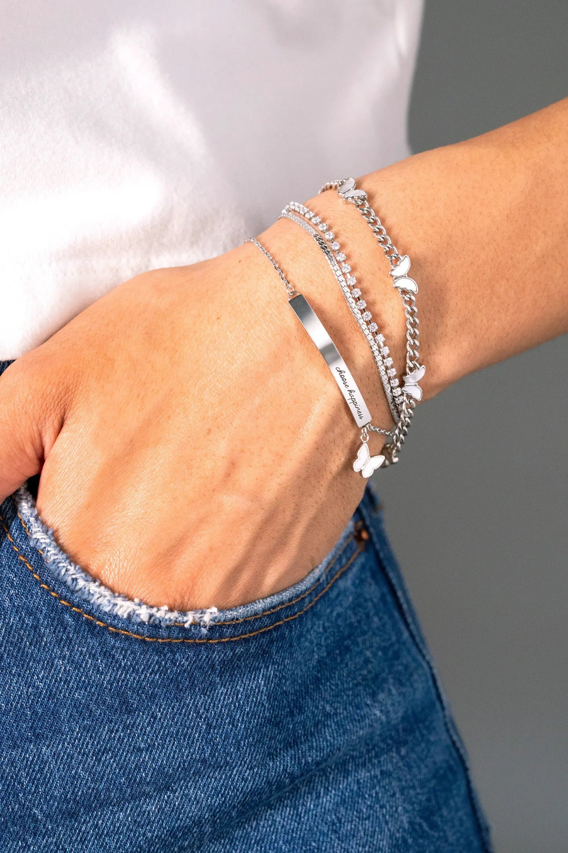 Double Strand Crystal Tennis Chain Bracelet by ALEX AND ANI on a bracelet stack with charms on Tampa Home & Garden Store
