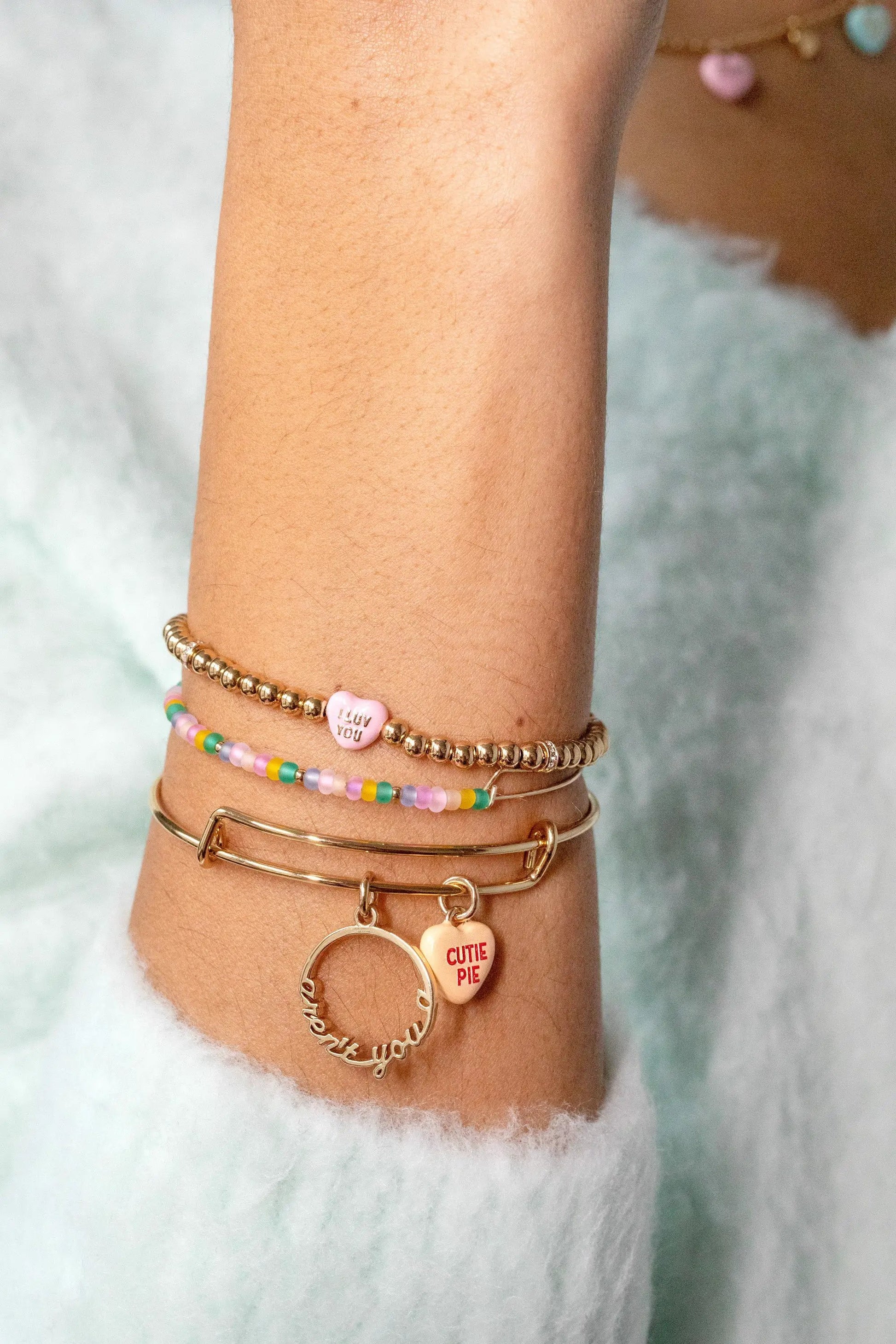Cutie Pie bangles set of 2 by ALEX AND ANI; gold beads, pastel beads, and pink heart charm on Tampa Home & Garden Store