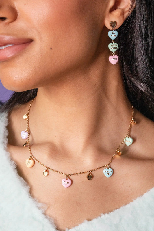 Sweethearts Statement Drop Earrings by Alex and Ani three heart charms Be Mine XOXO on gold chain on Tampa Home & Garden Store