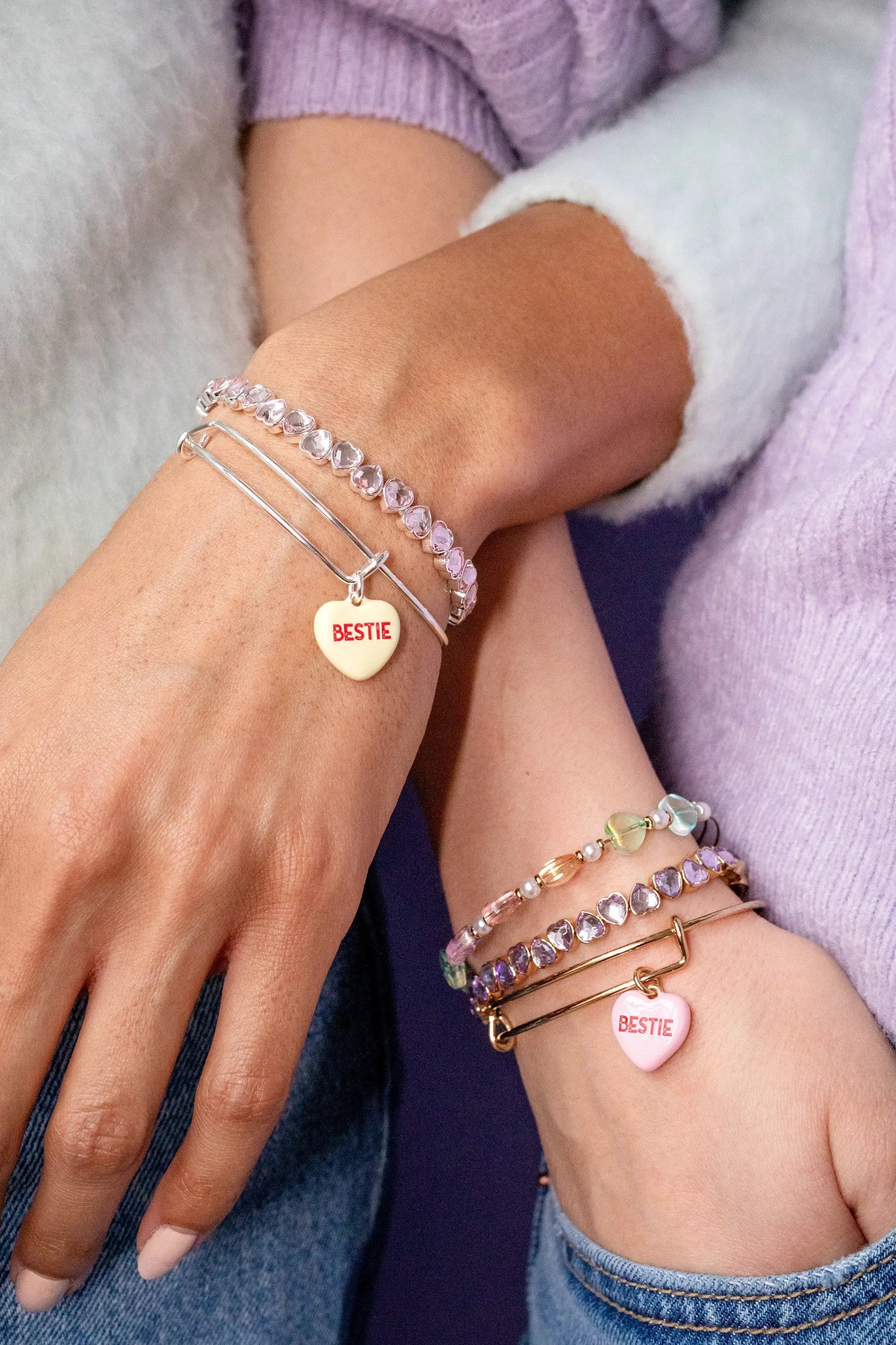 Colorful heart beaded bracelet stack with silver bangle and BESTIE charm on Tampa Home & Garden Store
