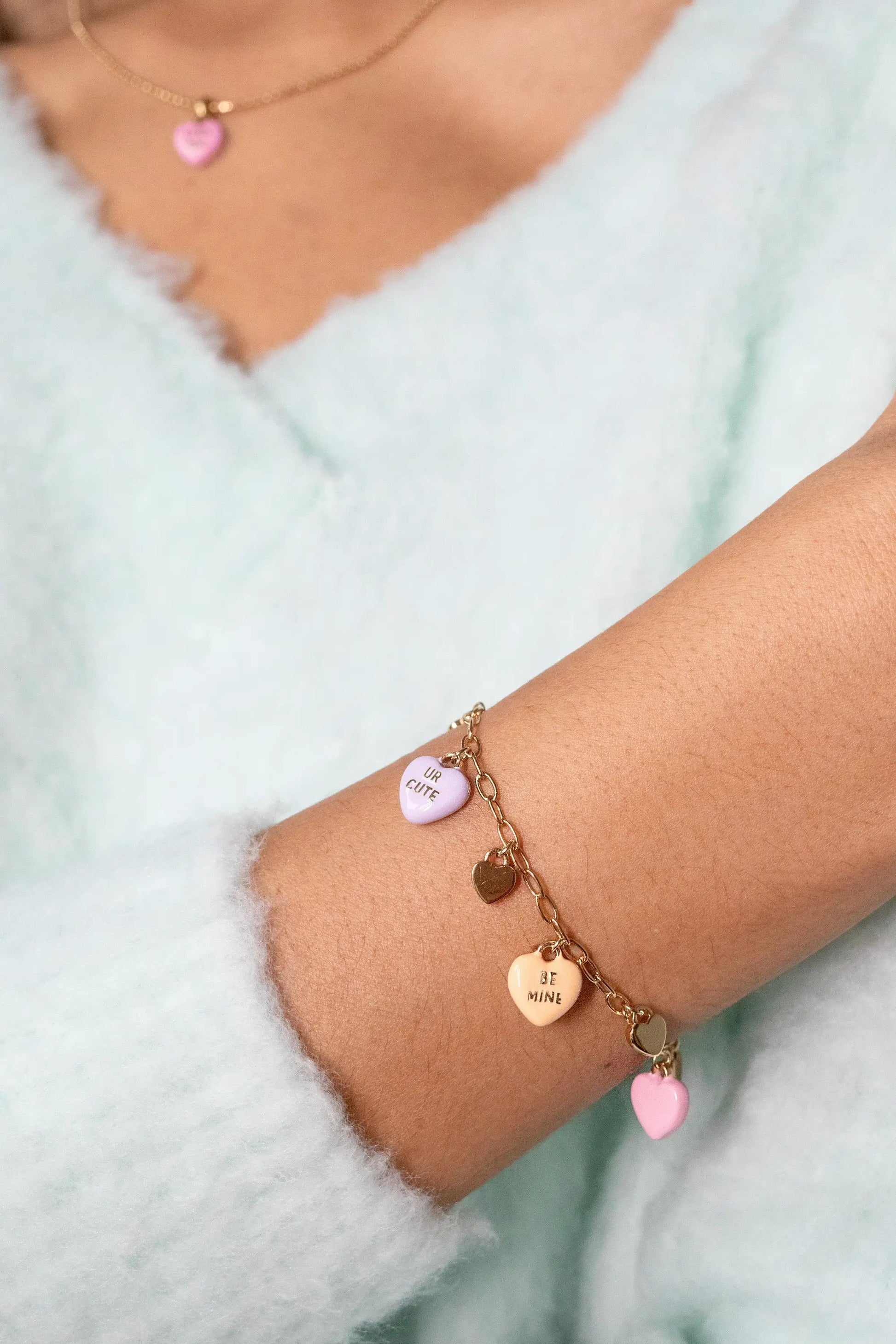 Sweethearts Multi-Charm Bracelet by ALEX AND ANI, gold-tone chain with pastel enamel hearts on Tampa Home & Garden Store