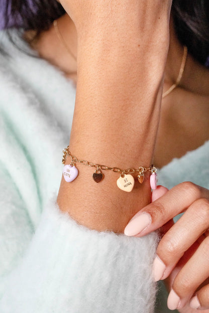 Sweethearts Multi-Charm Bracelet by ALEX AND ANI on a gold chain with heart charms Be Mine and Our Cute on Tampa Home & Garden Store