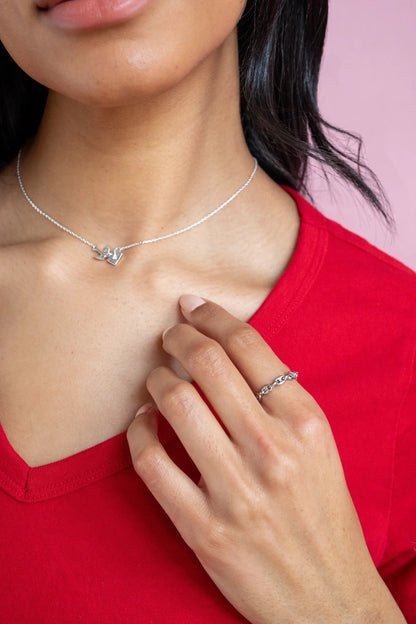 Frozen Mariner Chain Ring by ALEX AND ANI, silver chain motif on model in red top on Tampa Home & Garden Store