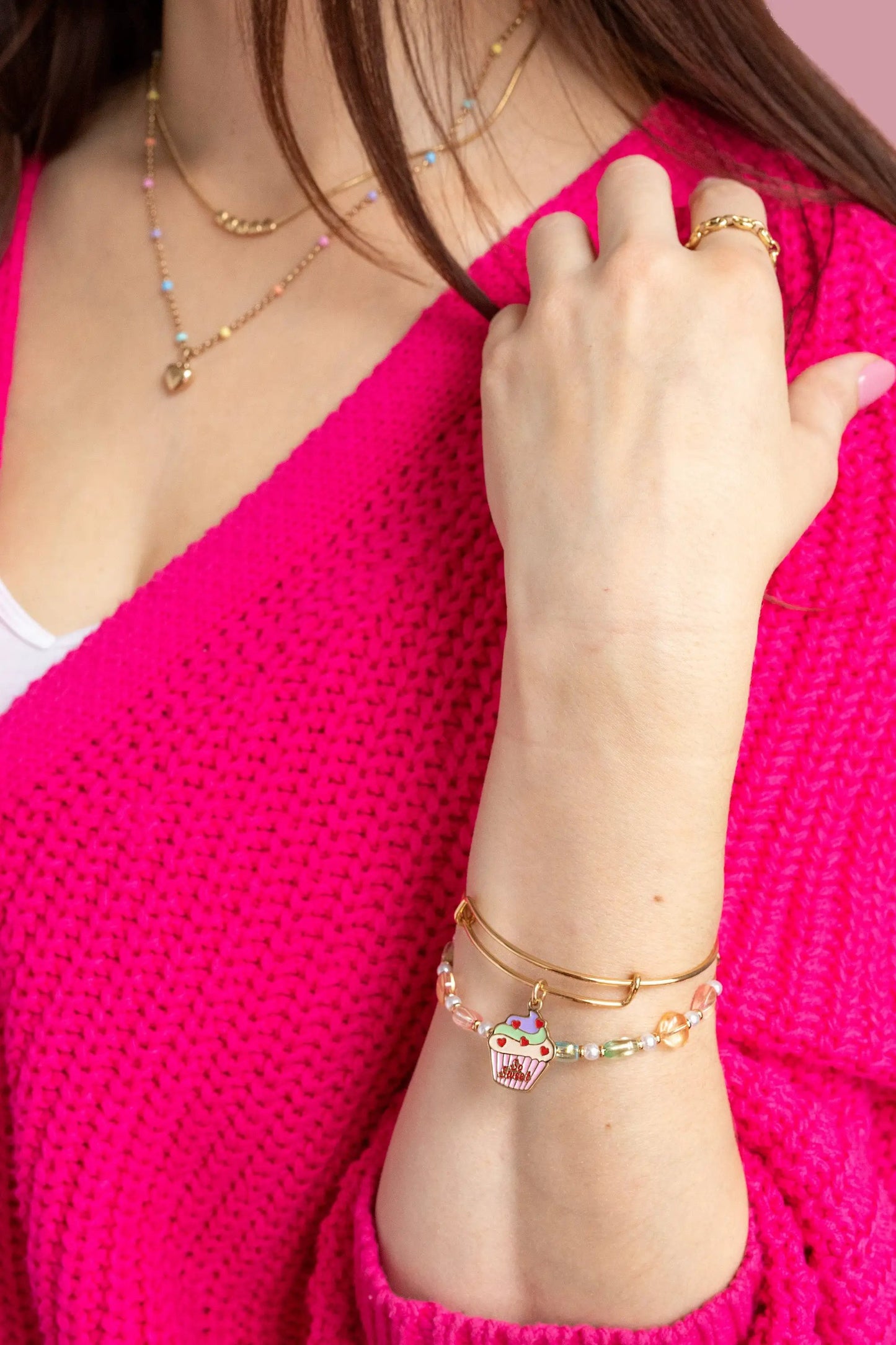 Colorful Heart Beaded Bangle bracelet with pastel beads and cupcake charm on Tampa Home & Garden Store