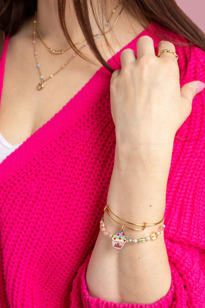 Colorful Heart Beaded Bangle bracelet with pastel beads and cupcake charm on Tampa Home & Garden Store