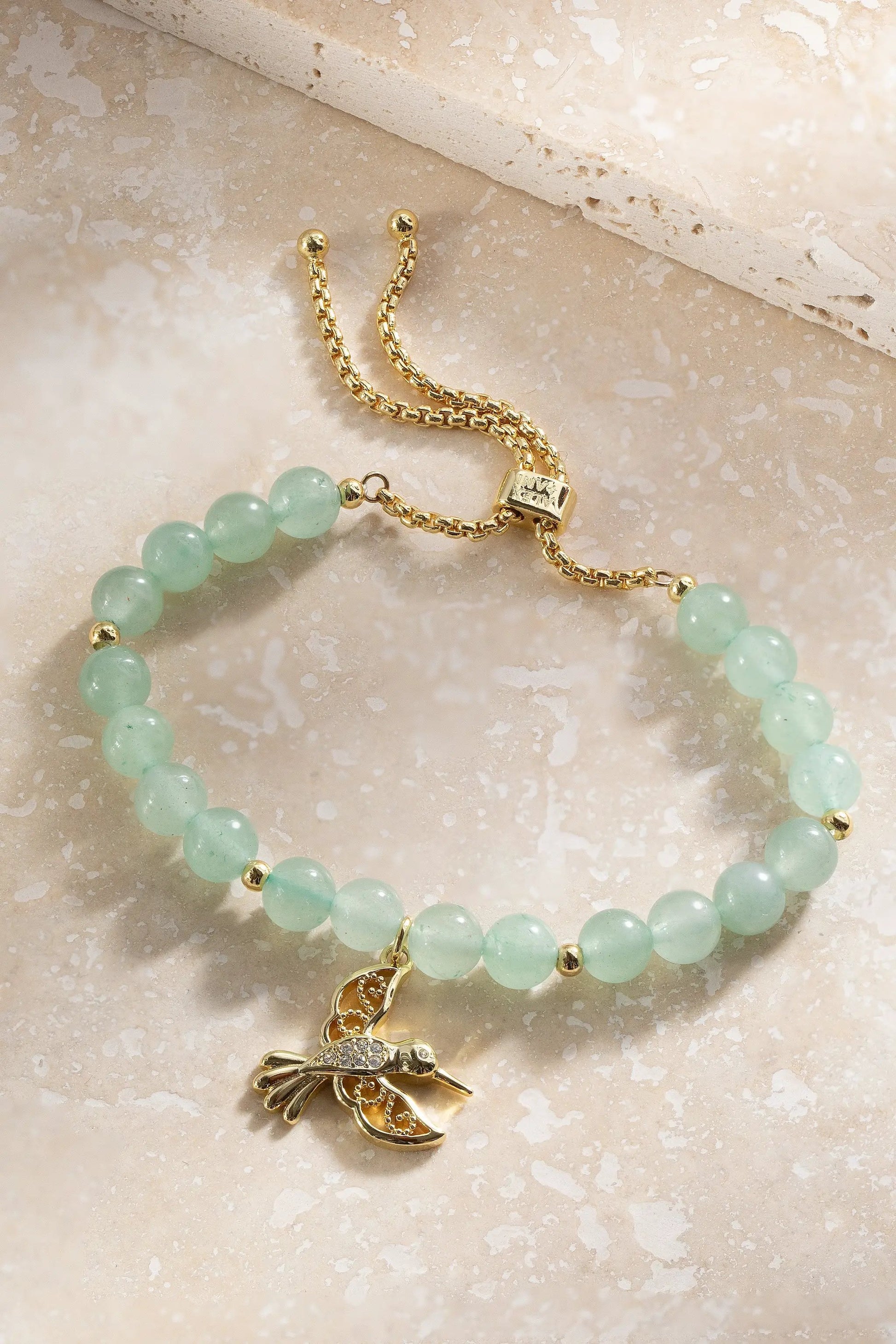 Hummingbird Gemstone Bolo Bracelet mint-green beads on gold-tone chain by ALEX AND ANI on Tampa Home & Garden Store