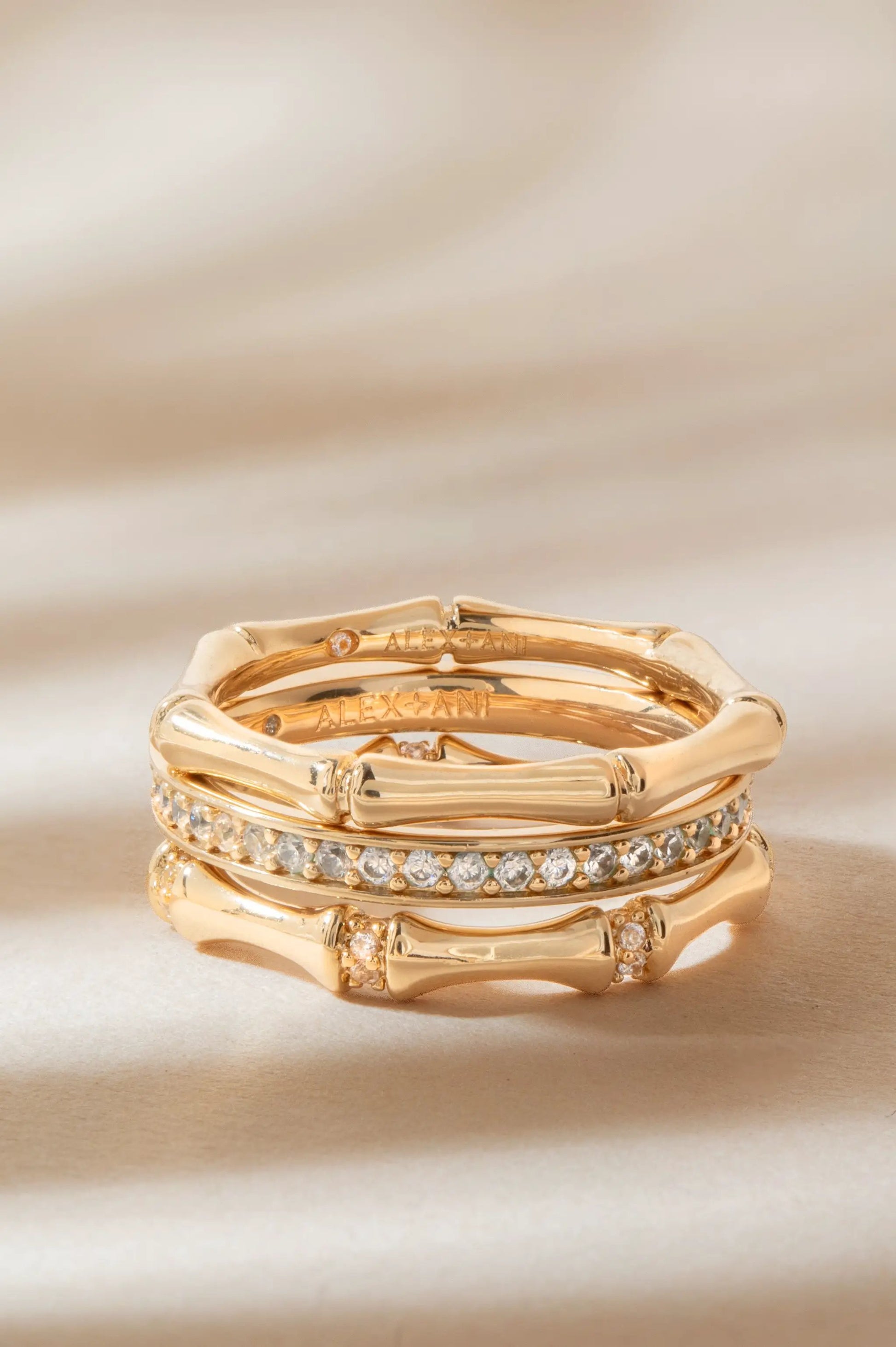 Rose gold Bamboo Trio Ring Set by ALEX AND ANI; stacked bamboo-inspired bands with pave diamonds on Tampa Home & Garden Store
