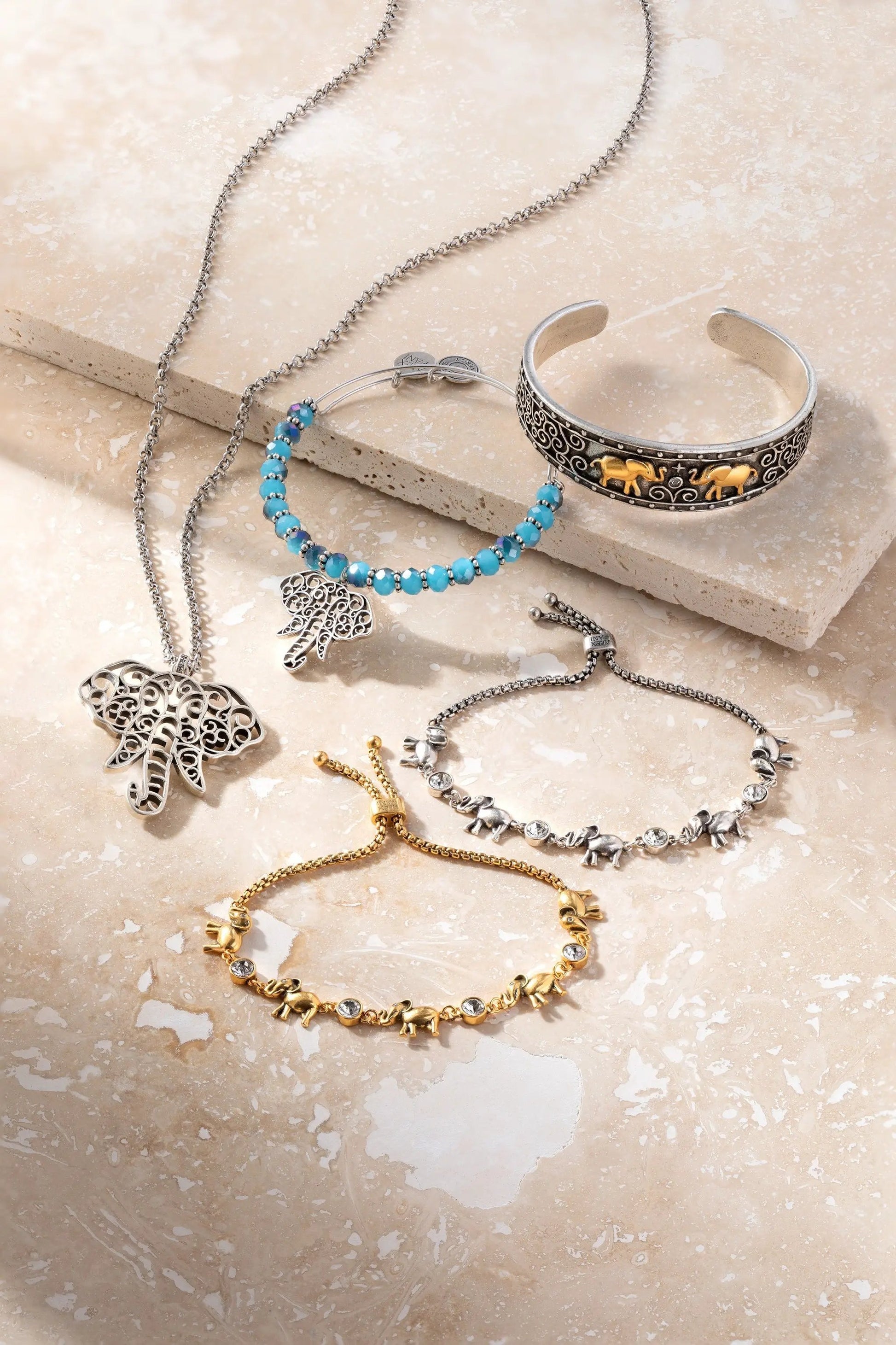 Elephant Crystal Bolo Bracelet by ALEX AND ANI turquoise beads and elephant cuff on stone on Tampa Home & Garden Store