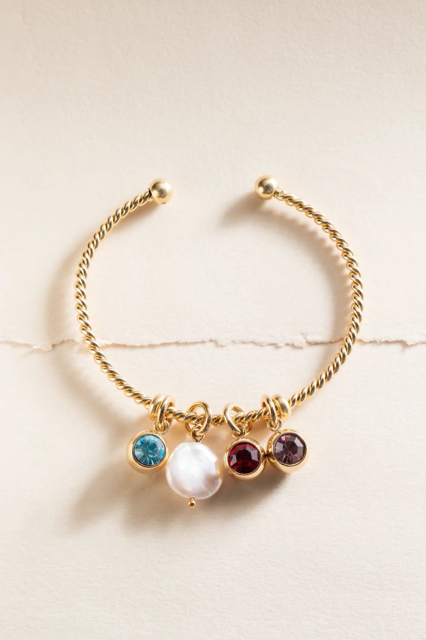 June Birthstone Interchangeable Charm bracelet with four charms in blue pearl red purple on Tampa Home & Garden Store