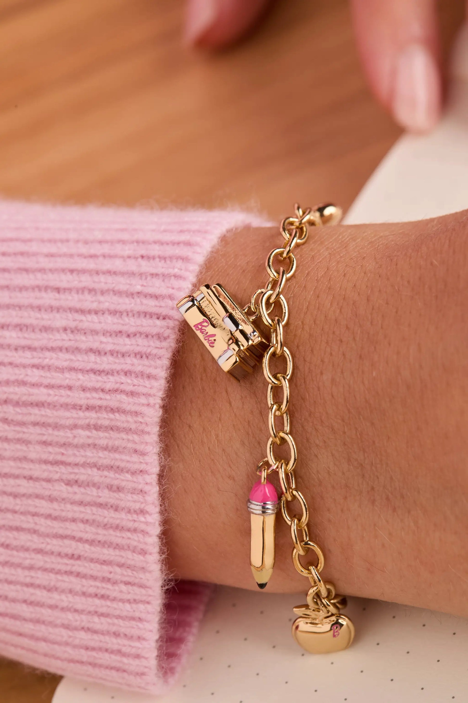 Barbie Teacher bolo bracelet gold-tone with Barbie name charm and pink pencil charm on Tampa Home & Garden Store