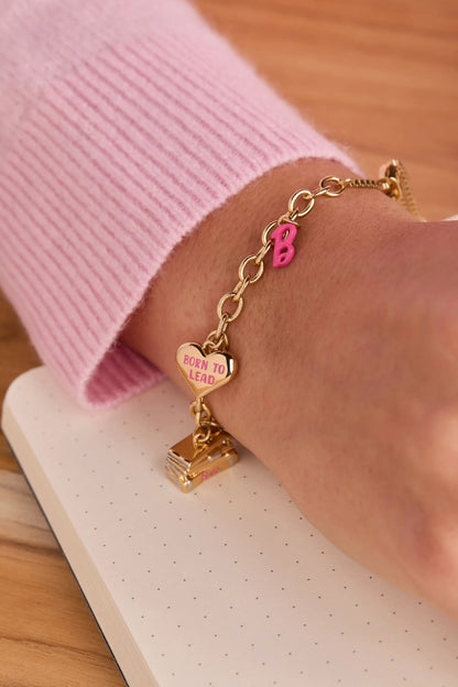 Barbie Teacher Bolo Bracelet gold-tone chain with pink B charm and Born to Lead heart charm on Tampa Home & Garden Store