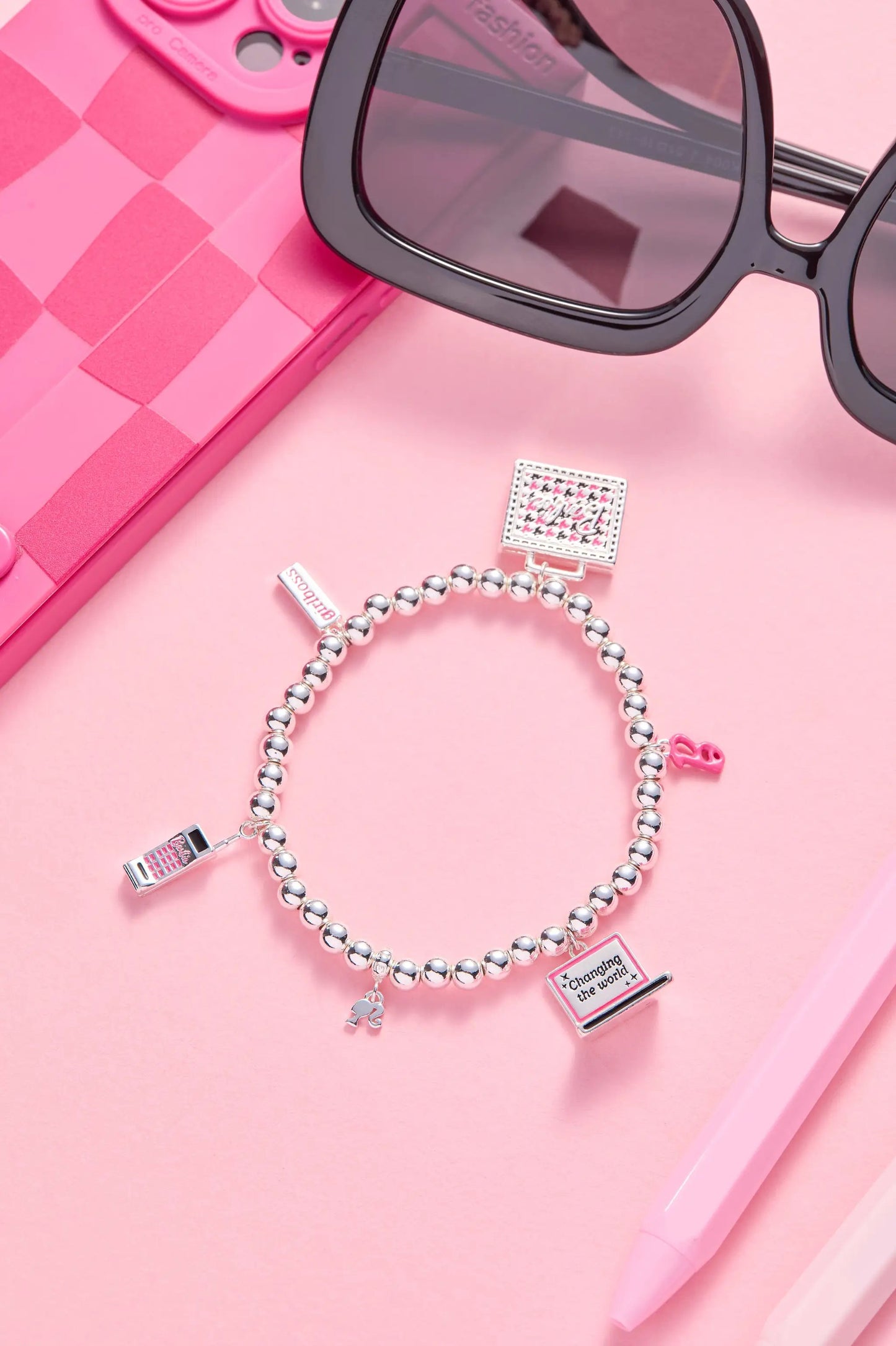 Barbie Girlboss Stretch Bracelet by ALEX AND ANI, silver bead bracelet with pink charms on Tampa Home & Garden Store