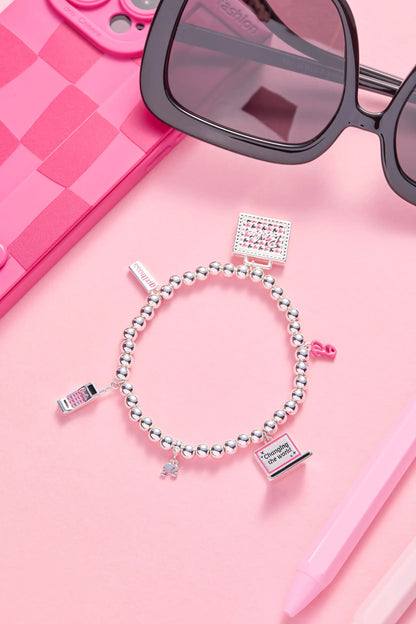Barbie Girlboss Stretch Bracelet by ALEX AND ANI, silver bead bracelet with pink charms on Tampa Home & Garden Store