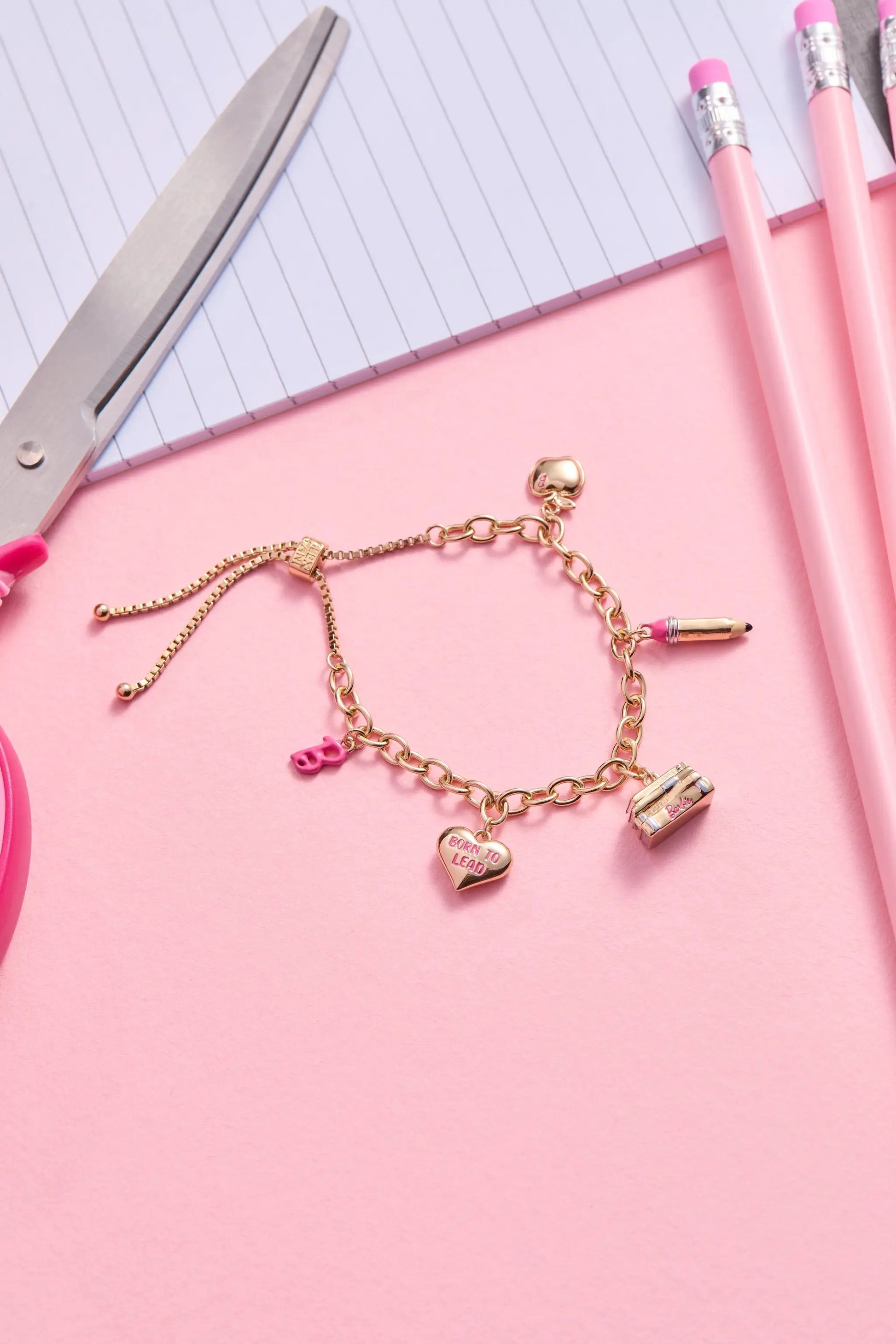 Barbie Teacher Bolo Bracelet by Alex and Ani, rose-gold chain with heart lipstick charms on Tampa Home & Garden Store