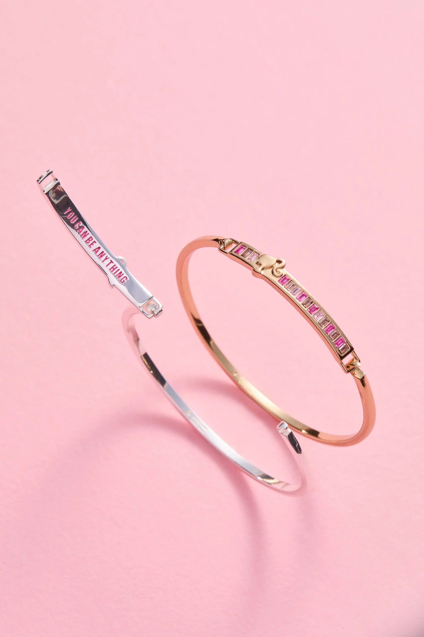 Barbie You Can Be Anything tension bangles by ALEX AND ANI; engraved bar & pink gems on Tampa Home & Garden Store