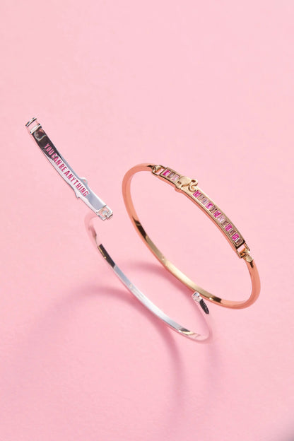 Barbie You Can Be Anything tension bangles by ALEX AND ANI; engraved bar & pink gems on Tampa Home & Garden Store