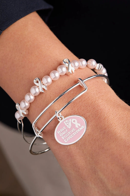 HOPE breast cancer awareness two bracelet set: pink pearl beads with silver ribbon charms on Tampa Home & Garden Store