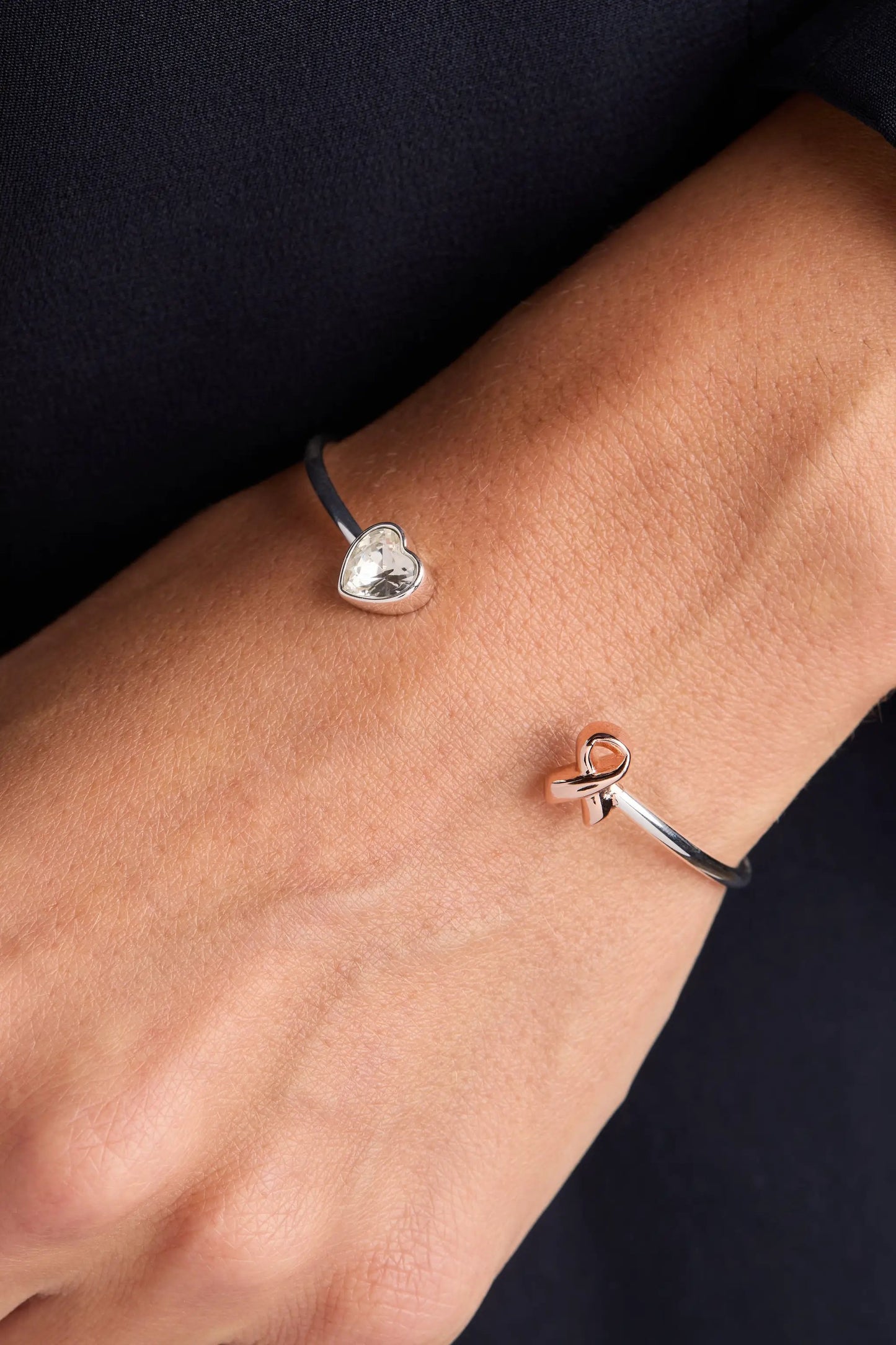 Breast Cancer Pink Ribbon Flex Cuff: silver heart crystal on black cord and pink ribbon cuff on Tampa Home & Garden Store