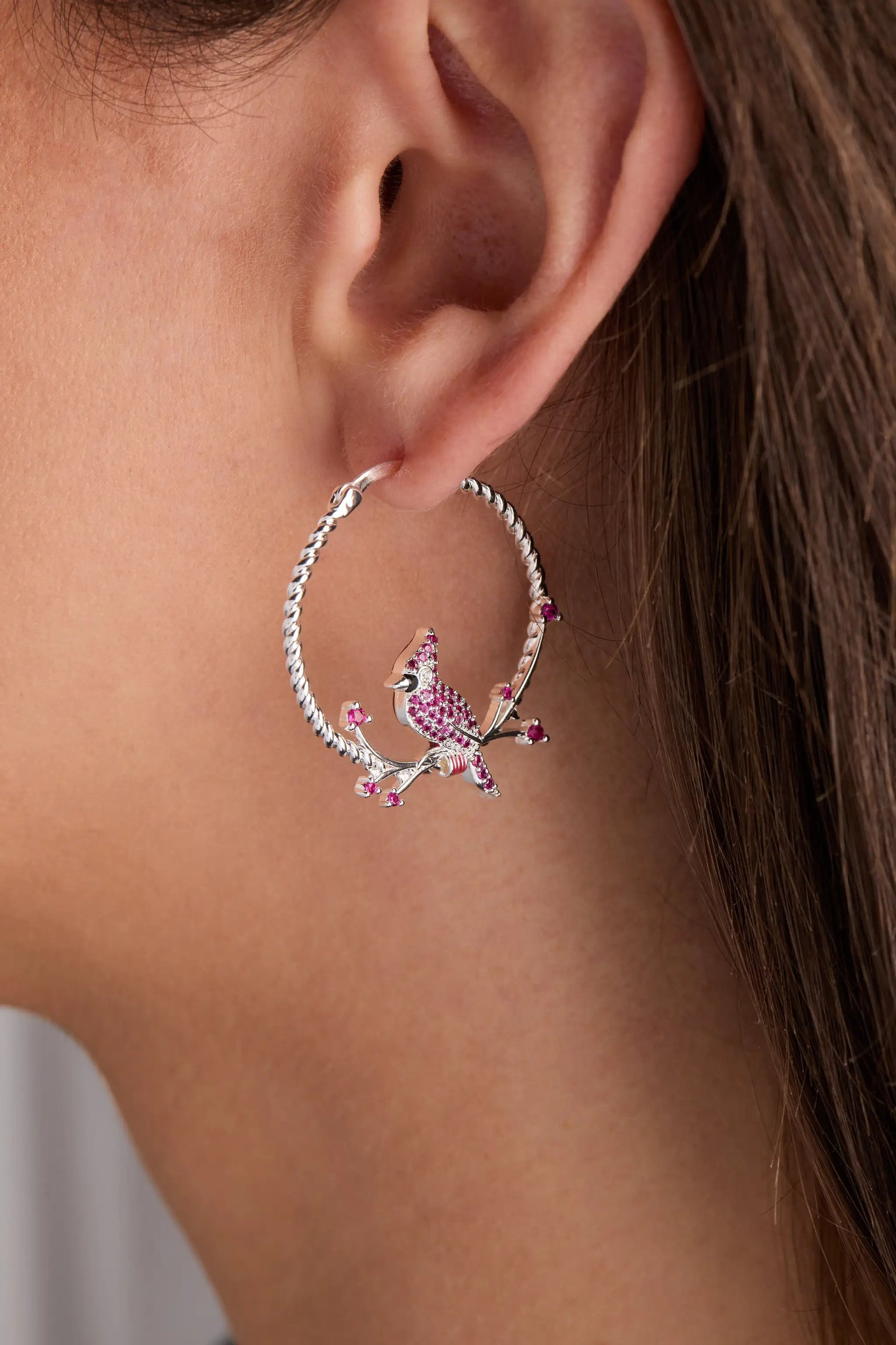 Cardinal Reversible Hoop Earrings, silver-tone hoop with pink crystal cardinal pendant on Tampa Home & Garden Store