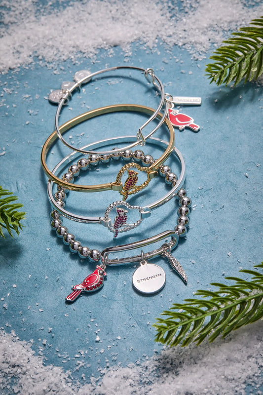 Bracelet Strength Cardinal Duo Charm Bangle with silver & gold-tone beads and cardinal charm on Tampa Home & Garden Store
