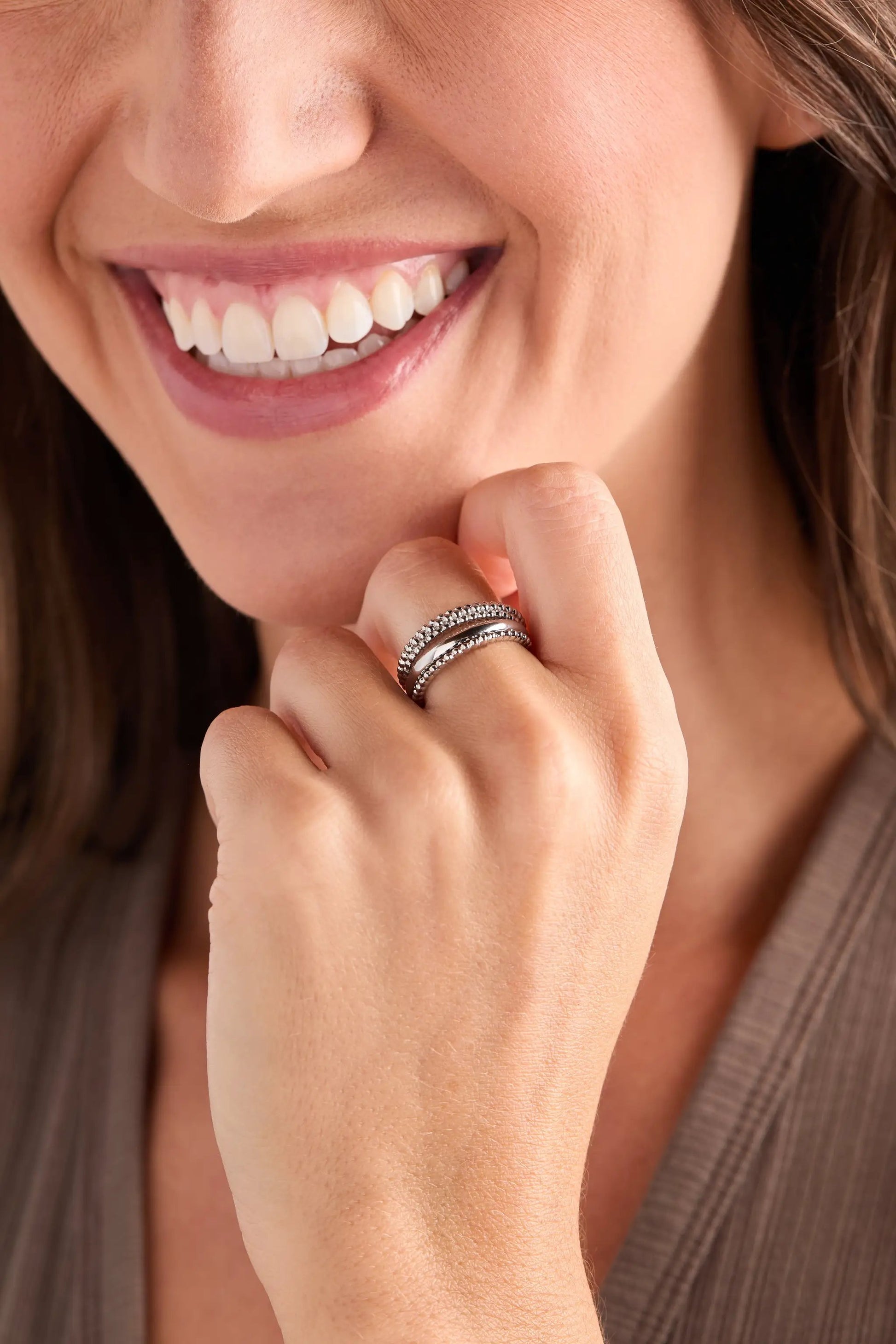 Ball Stacking Ring Set of 3 by ALEX AND ANI, silver-tone beaded stacking rings on finger on Tampa Home & Garden Store