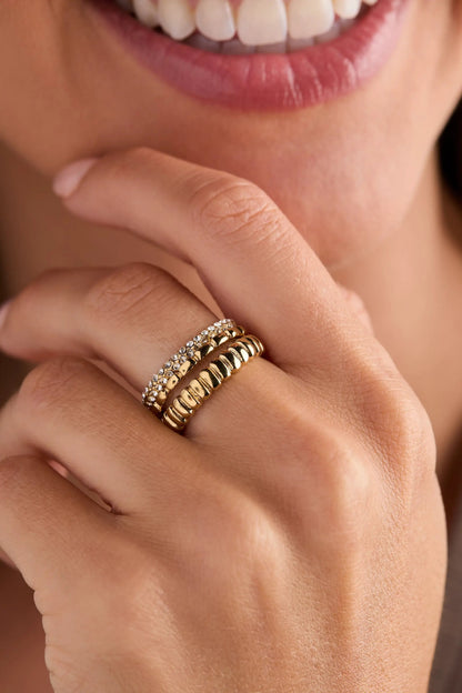Ribbed Stacking Ring Set of 3 With Crystal Pave