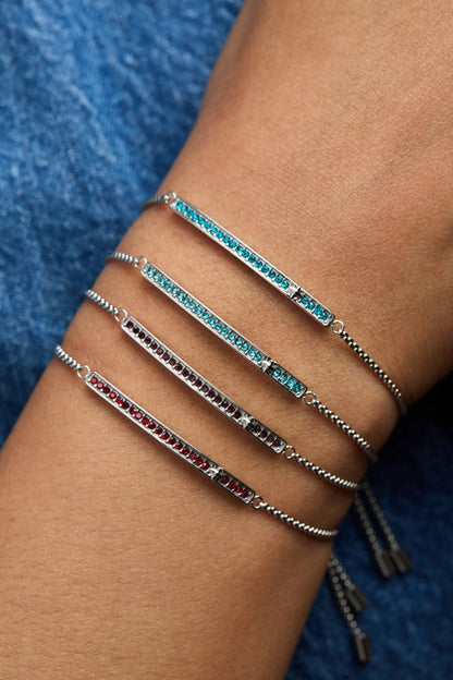 Bracelet March Birthstone Pave Bolo by Alex and Ani, silver-tone with turquoise pavé bars on Tampa Home & Garden Store