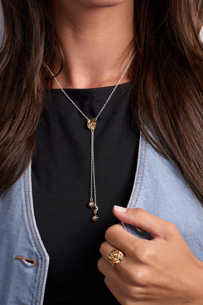Cosmic Cowgirl Y Necklace with silver chain, gold bead focal, and star charms on Tampa Home & Garden Store